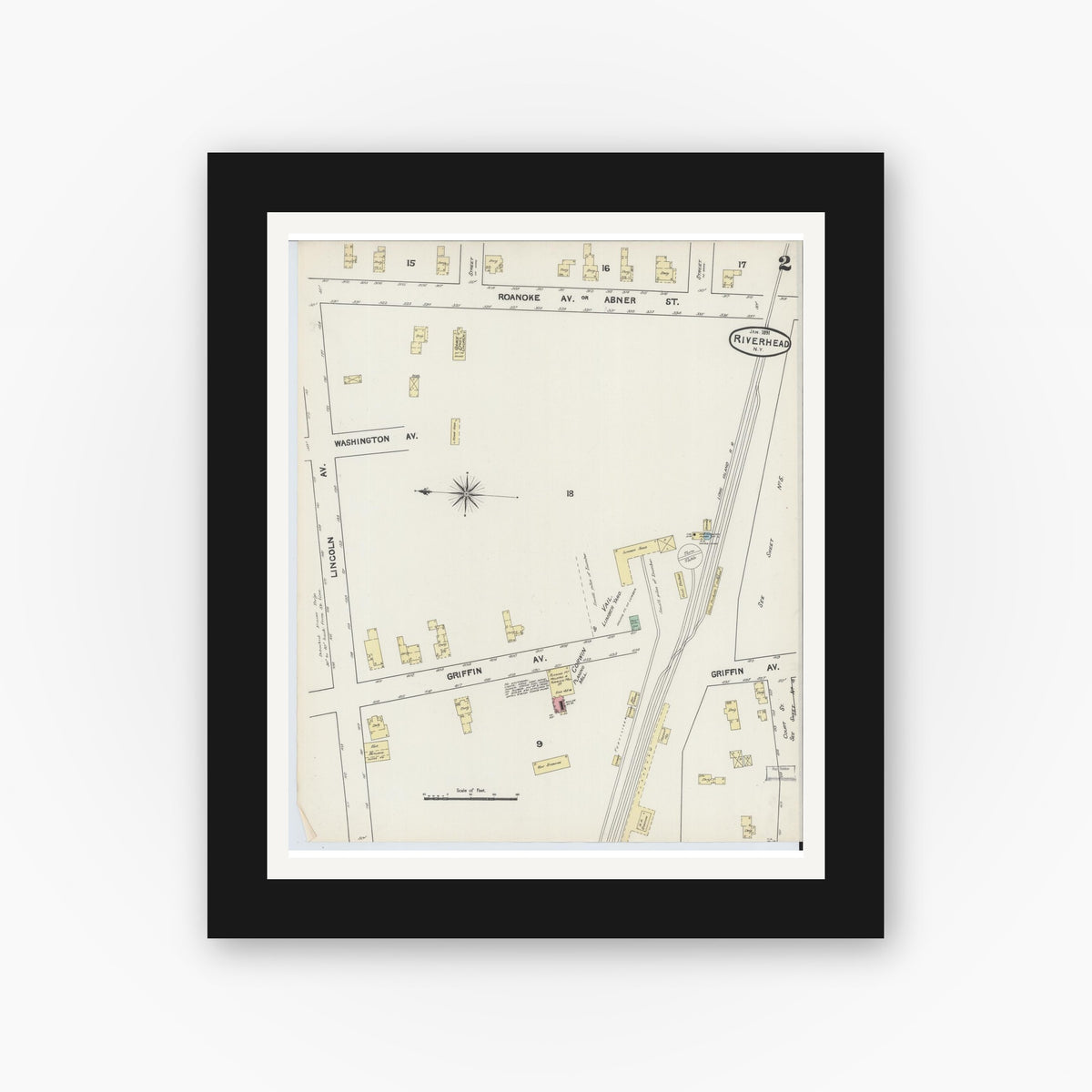 Old map wall art mockup — black gallery frame with white mat — Sanborn Fire Insurance Map from Riverhead, Suffolk County, New York (1891), Sheet #0002