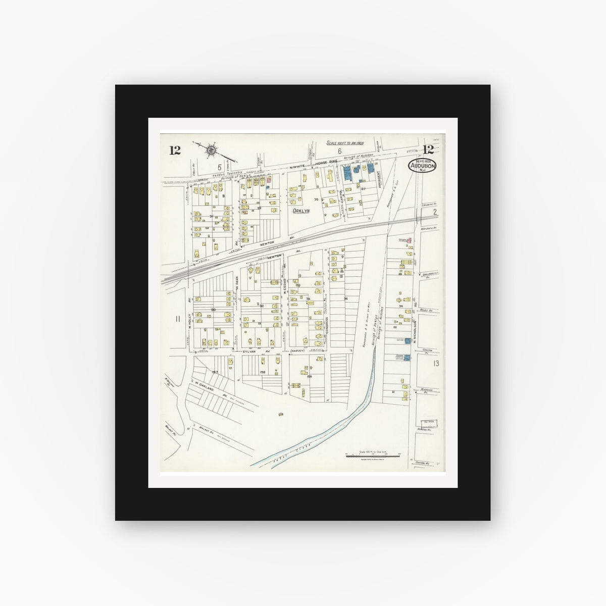 Old map wall art mockup — black gallery frame with white mat — Sanborn Fire Insurance Map from Audubon, Camden County, New Jersey (1924), Sheet #0012