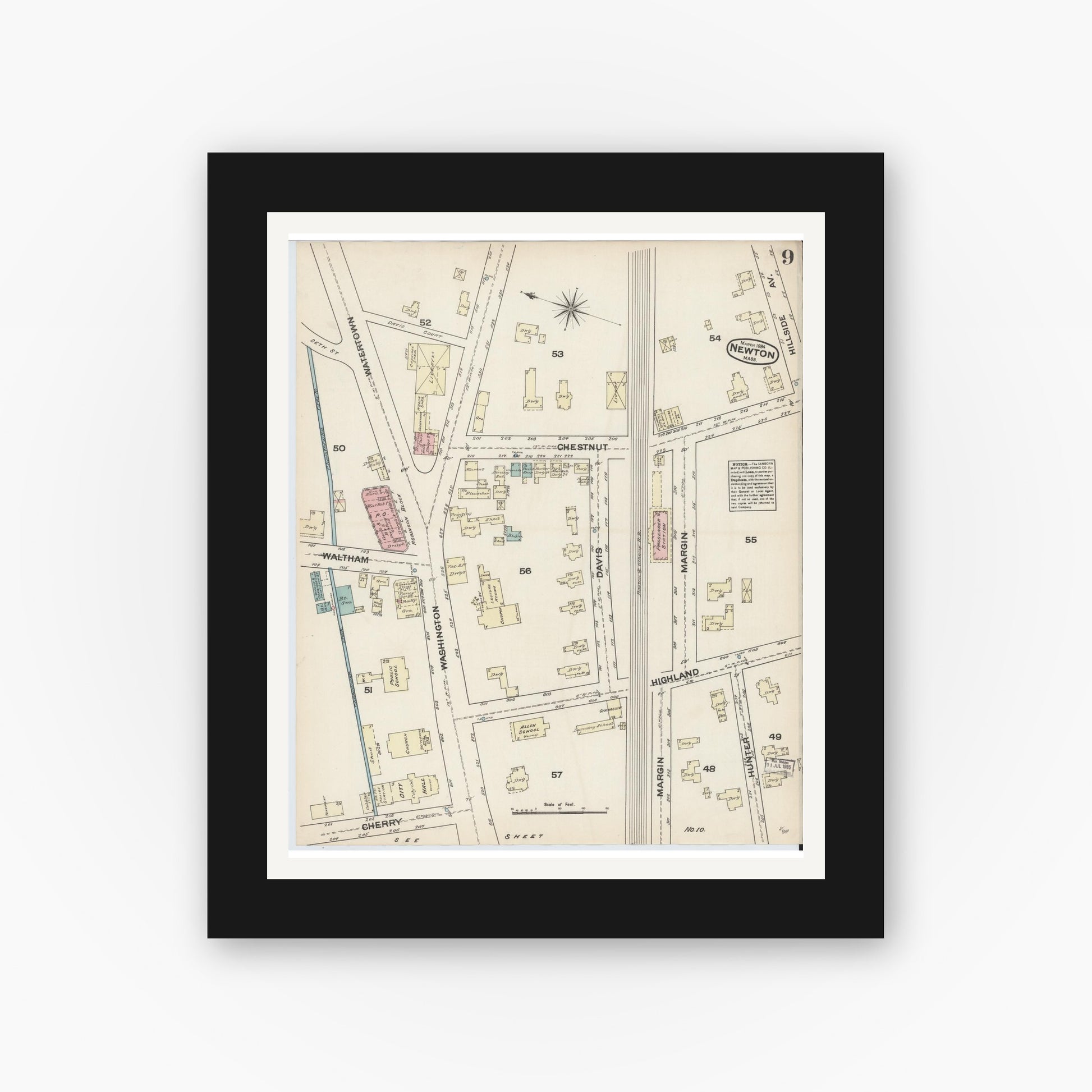 Old map wall art mockup — black gallery frame with white mat — Sanborn Fire Insurance Map from Newton, Middlesex County, Massachusetts (1884), Sheet #0009