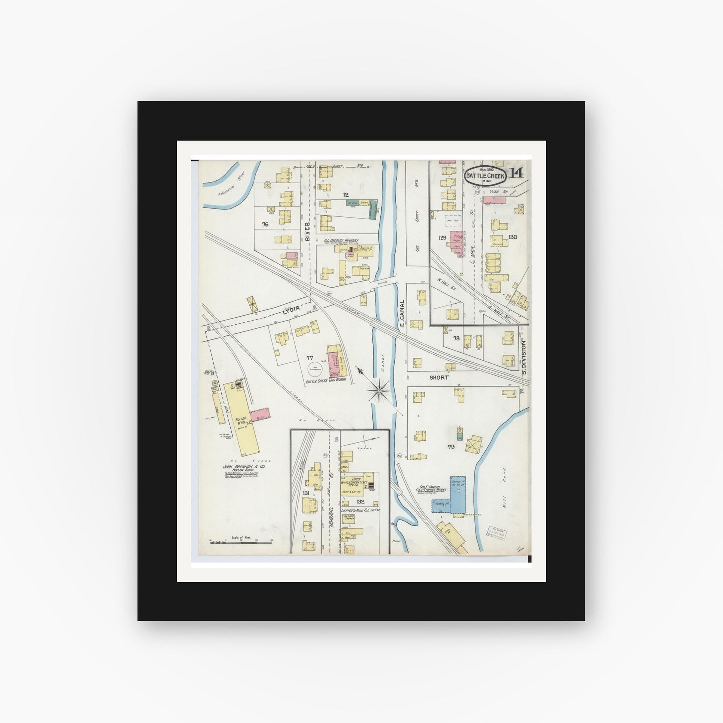 Old map wall art mockup — black gallery frame with white mat — Sanborn Fire Insurance Map from Battle Creek, Calhoun County, Michigan (1892), Sheet #0014