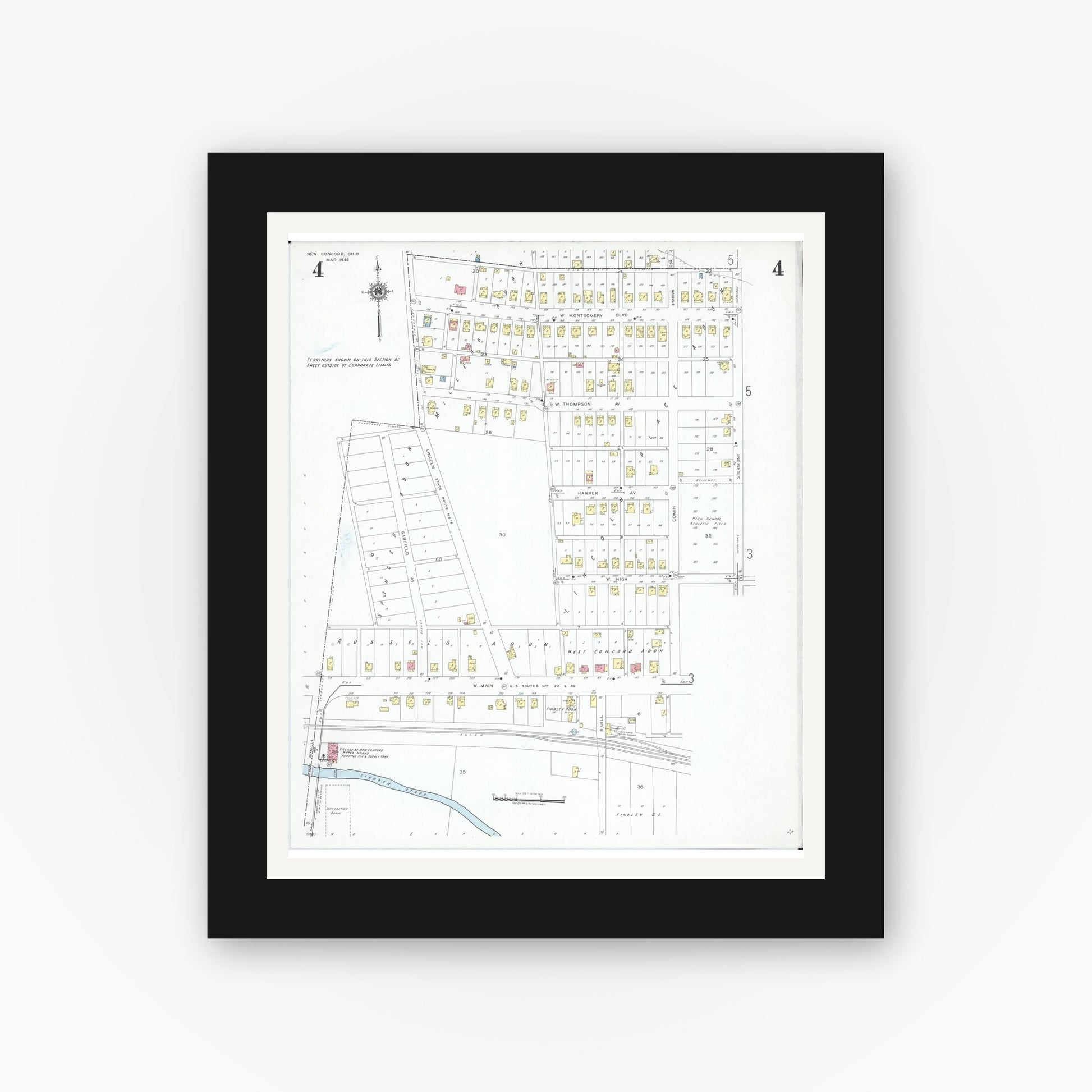 Old map wall art mockup — black gallery frame with white mat — Sanborn Fire Insurance Map from New Concord, Muskingum County, Ohio (1946), Sheet #0004