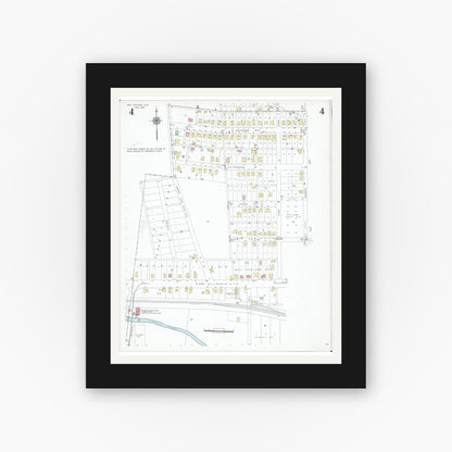 Old map wall art mockup — black gallery frame with white mat — Sanborn Fire Insurance Map from New Concord, Muskingum County, Ohio (1946), Sheet #0004