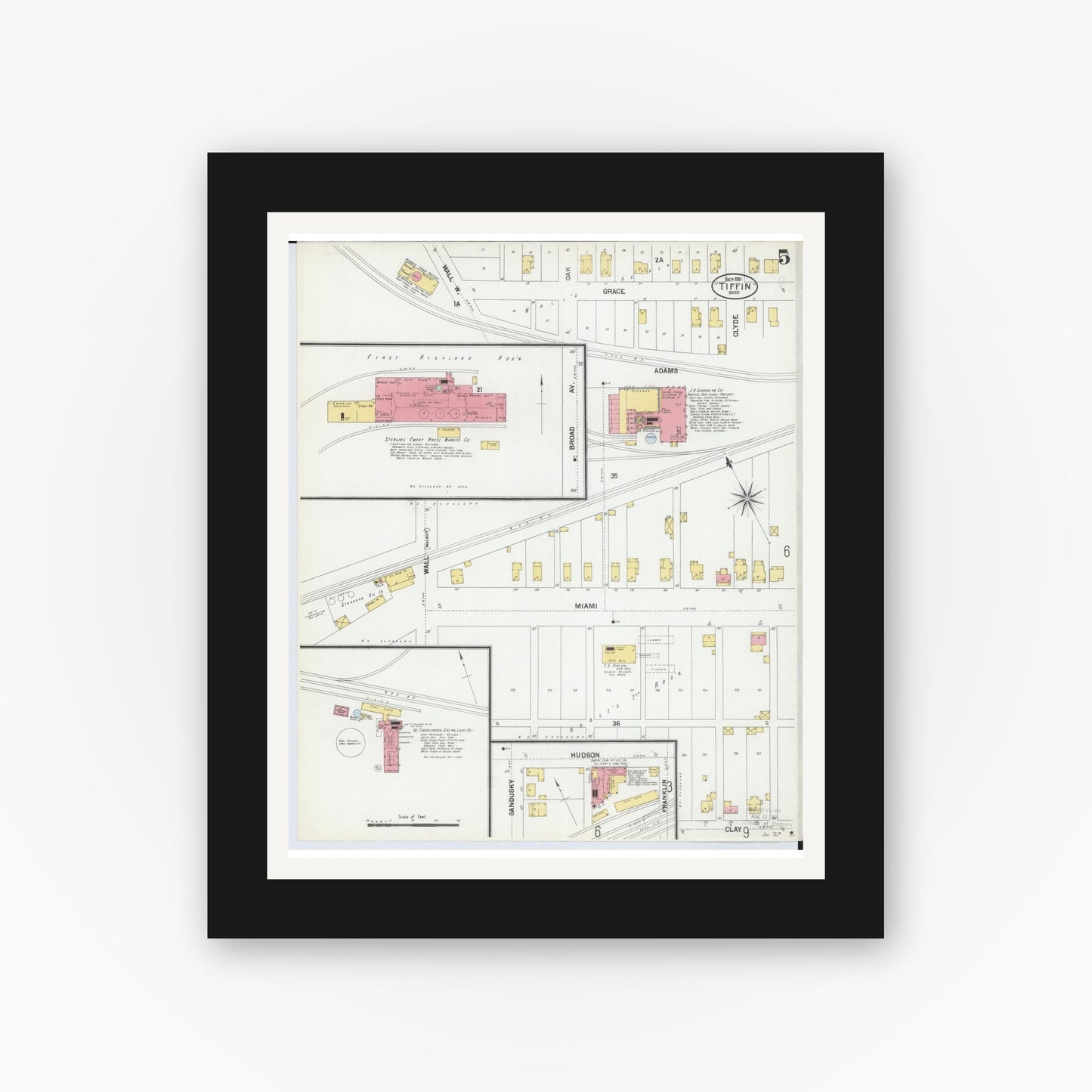 Old map wall art mockup — black gallery frame with white mat — Sanborn Fire Insurance Map from Tiffin, Seneca County, Ohio (1901), Sheet #0005