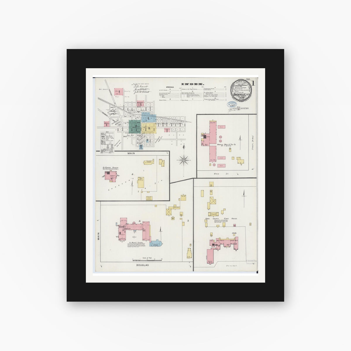 Old map wall art mockup — black gallery frame with white mat — Sanborn Fire Insurance Map from Knoxville, Knox County, Illinois (1894) - Complete Map Set