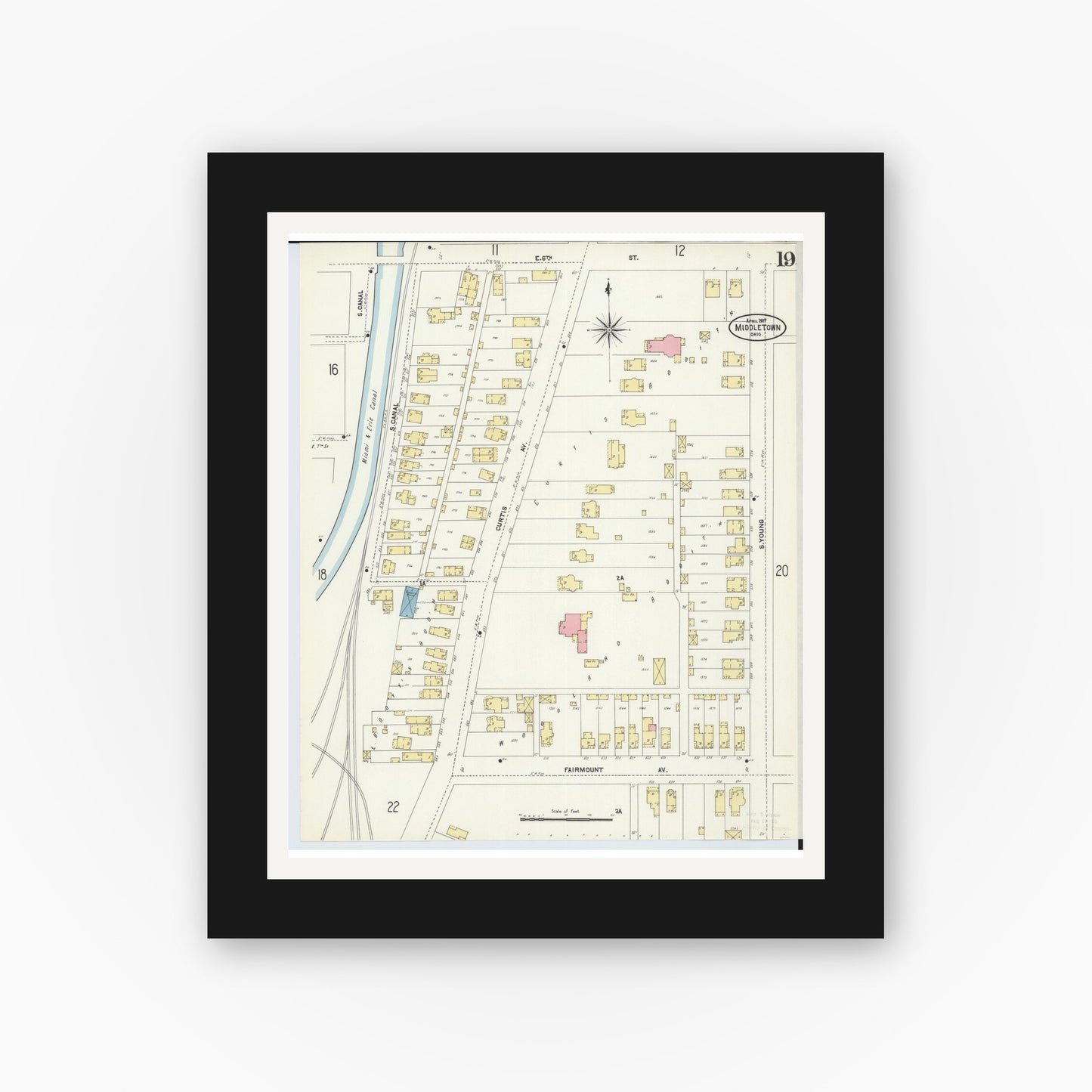 Old map wall art mockup — black gallery frame with white mat — Sanborn Fire Insurance Map from Middletown, Butler County, Ohio (1907), Sheet #0019