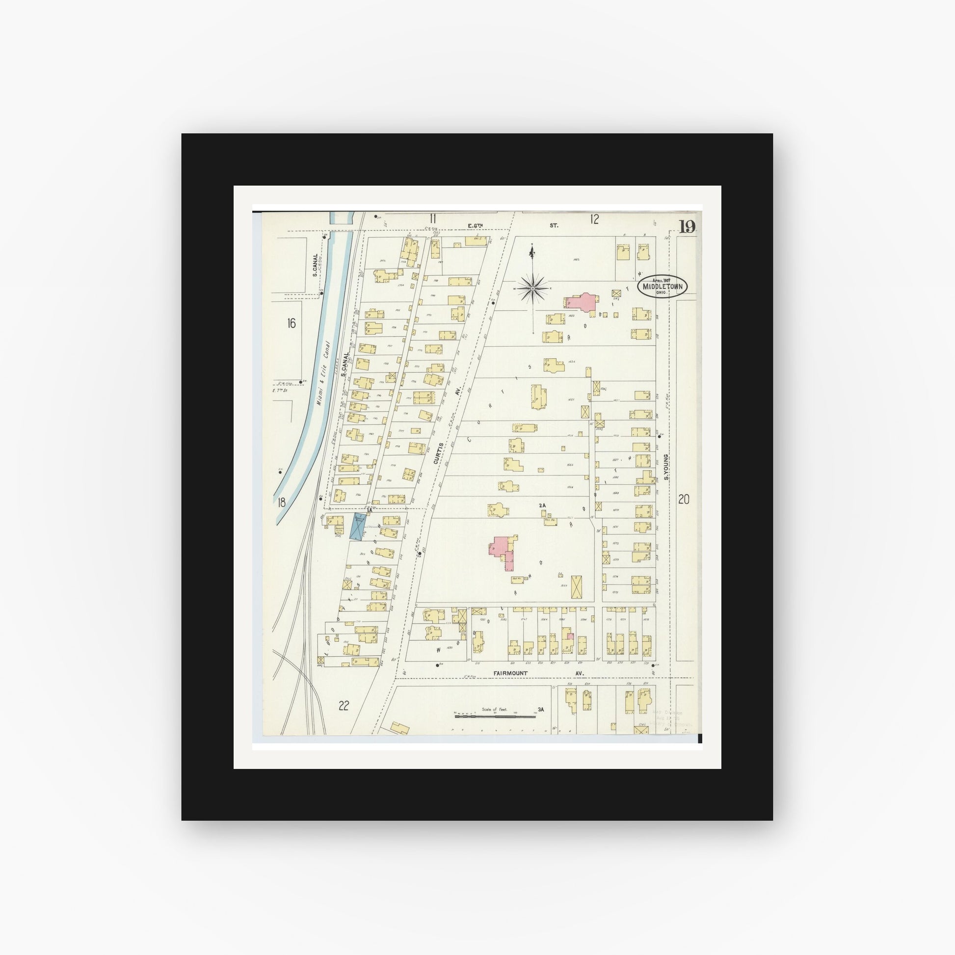 Old map wall art mockup — black gallery frame with white mat — Sanborn Fire Insurance Map from Middletown, Butler County, Ohio (1907), Sheet #0019