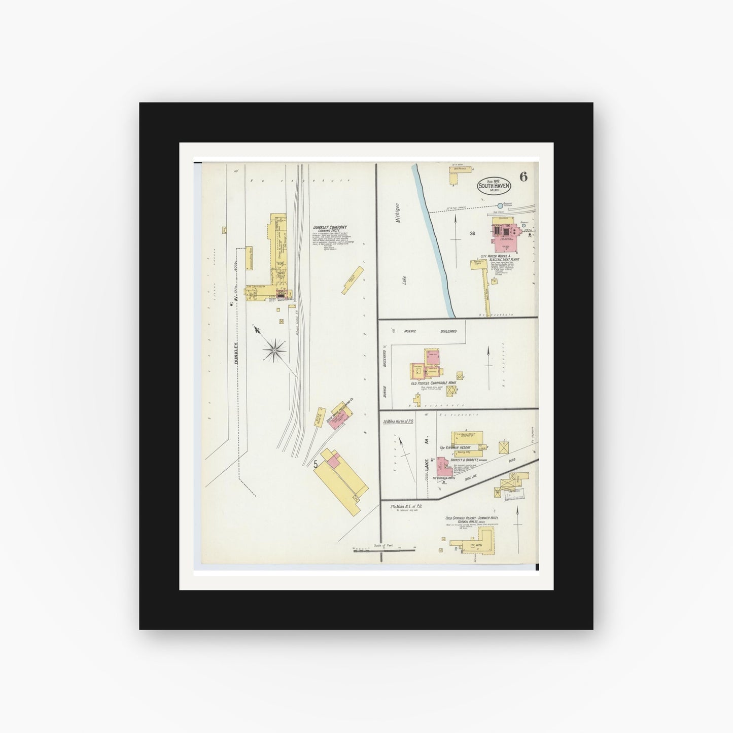 Old map wall art mockup — black gallery frame with white mat — Sanborn Fire Insurance Map from South Haven, Van Buren County, Michigan (1902), Sheet #0006