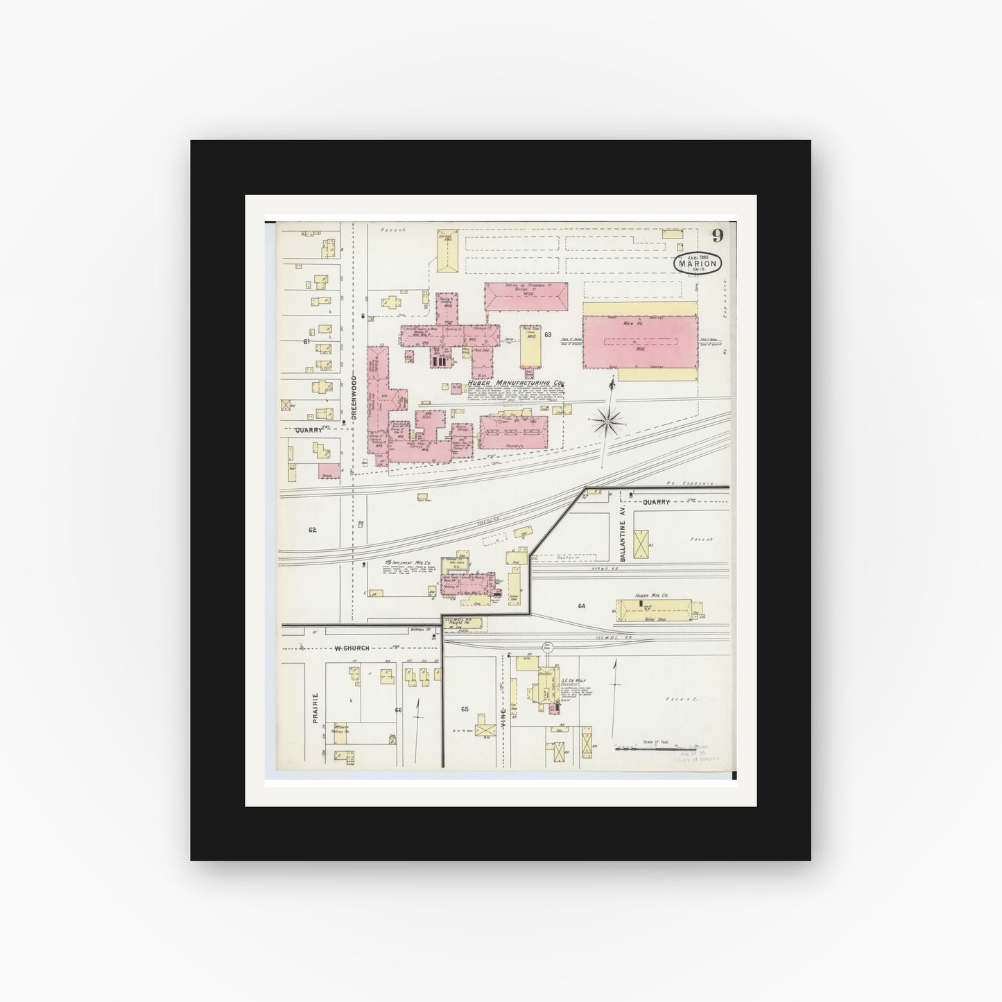 Old map wall art mockup — black gallery frame with white mat — Sanborn Fire Insurance Map from Marion, Marion County, Ohio (1895), Sheet #0009