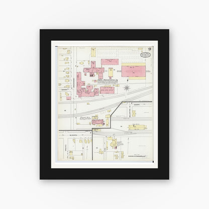 Old map wall art mockup — black gallery frame with white mat — Sanborn Fire Insurance Map from Marion, Marion County, Ohio (1895), Sheet #0009