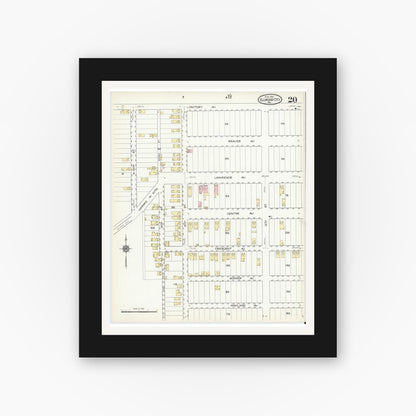 Old map wall art mockup — black gallery frame with white mat — Sanborn Fire Insurance Map from Ellwood City, Lawrence County, Pennsylvania (1914), Sheet #0020