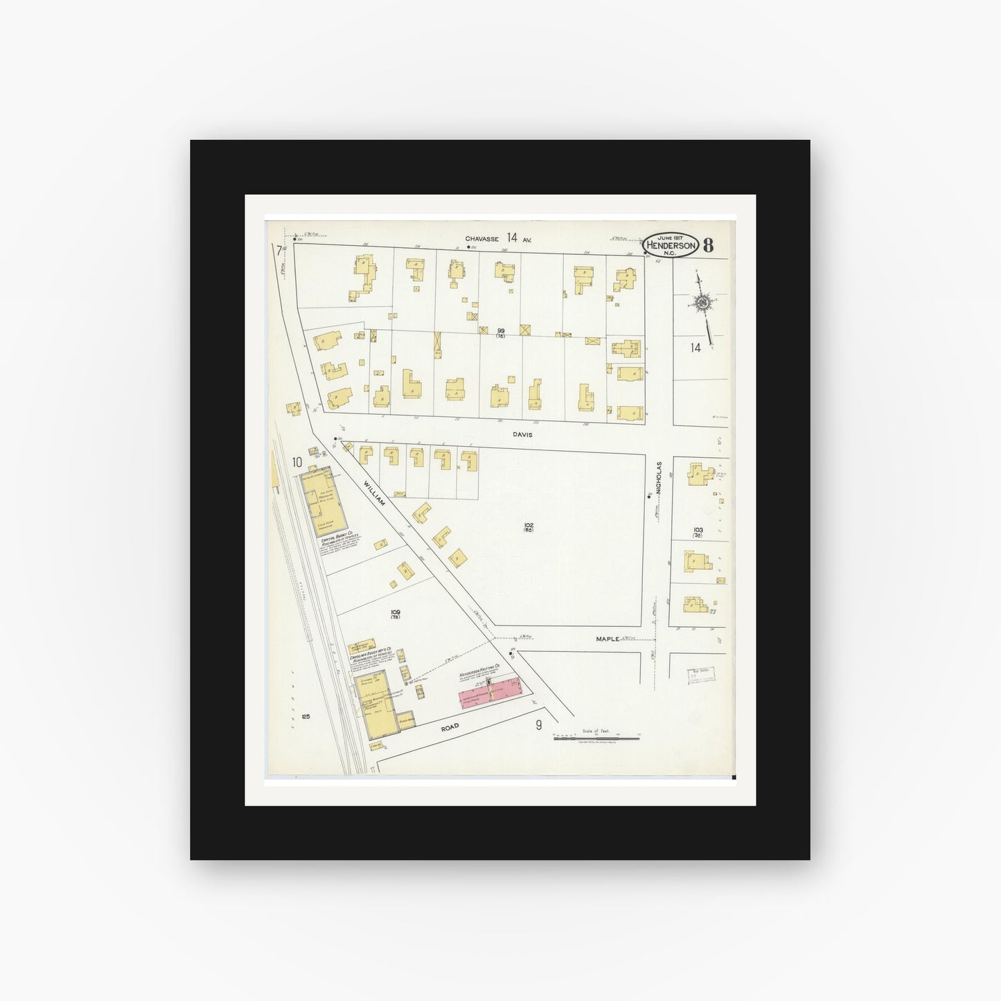 Old map wall art mockup — black gallery frame with white mat — Sanborn Fire Insurance Map from Henderson, Vance County, North Carolina (1917), Sheet #0008