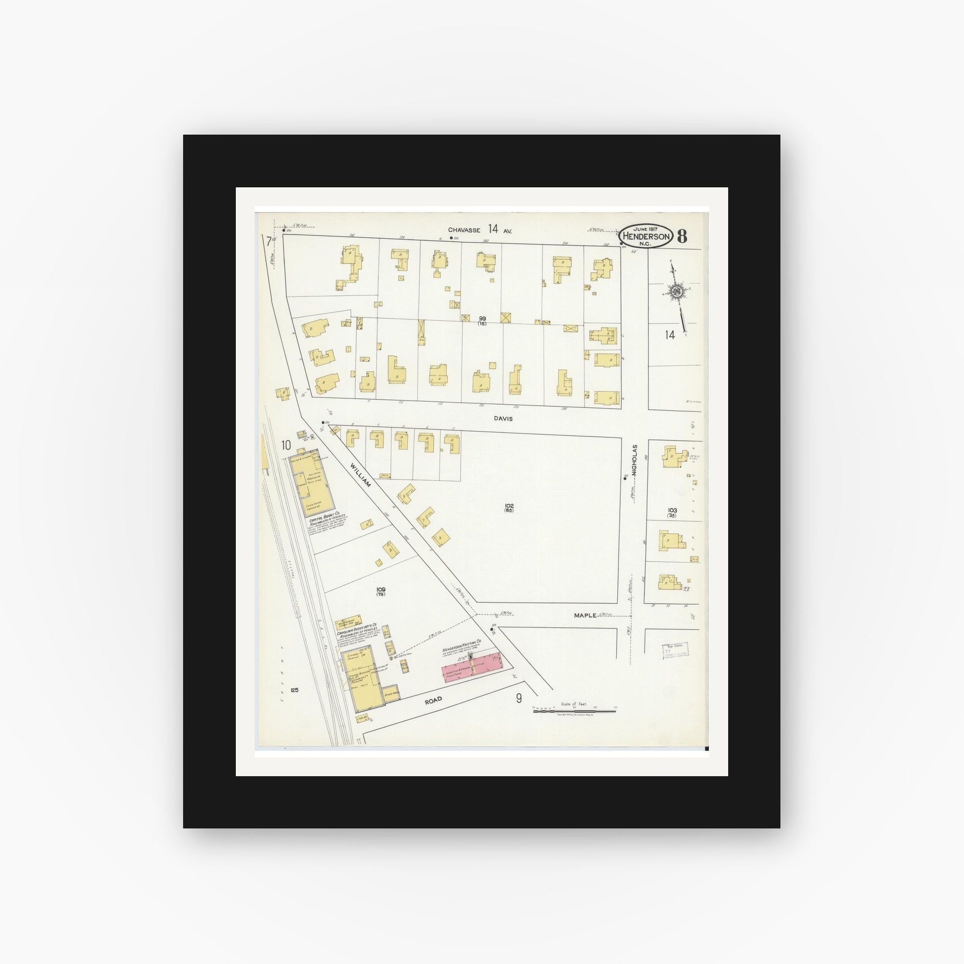 Old map wall art mockup — black gallery frame with white mat — Sanborn Fire Insurance Map from Henderson, Vance County, North Carolina (1917), Sheet #0008