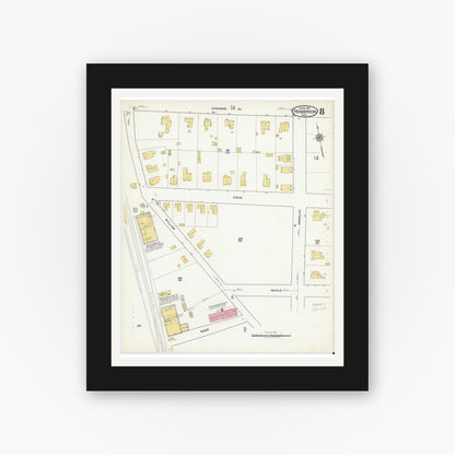 Old map wall art mockup — black gallery frame with white mat — Sanborn Fire Insurance Map from Henderson, Vance County, North Carolina (1917), Sheet #0008
