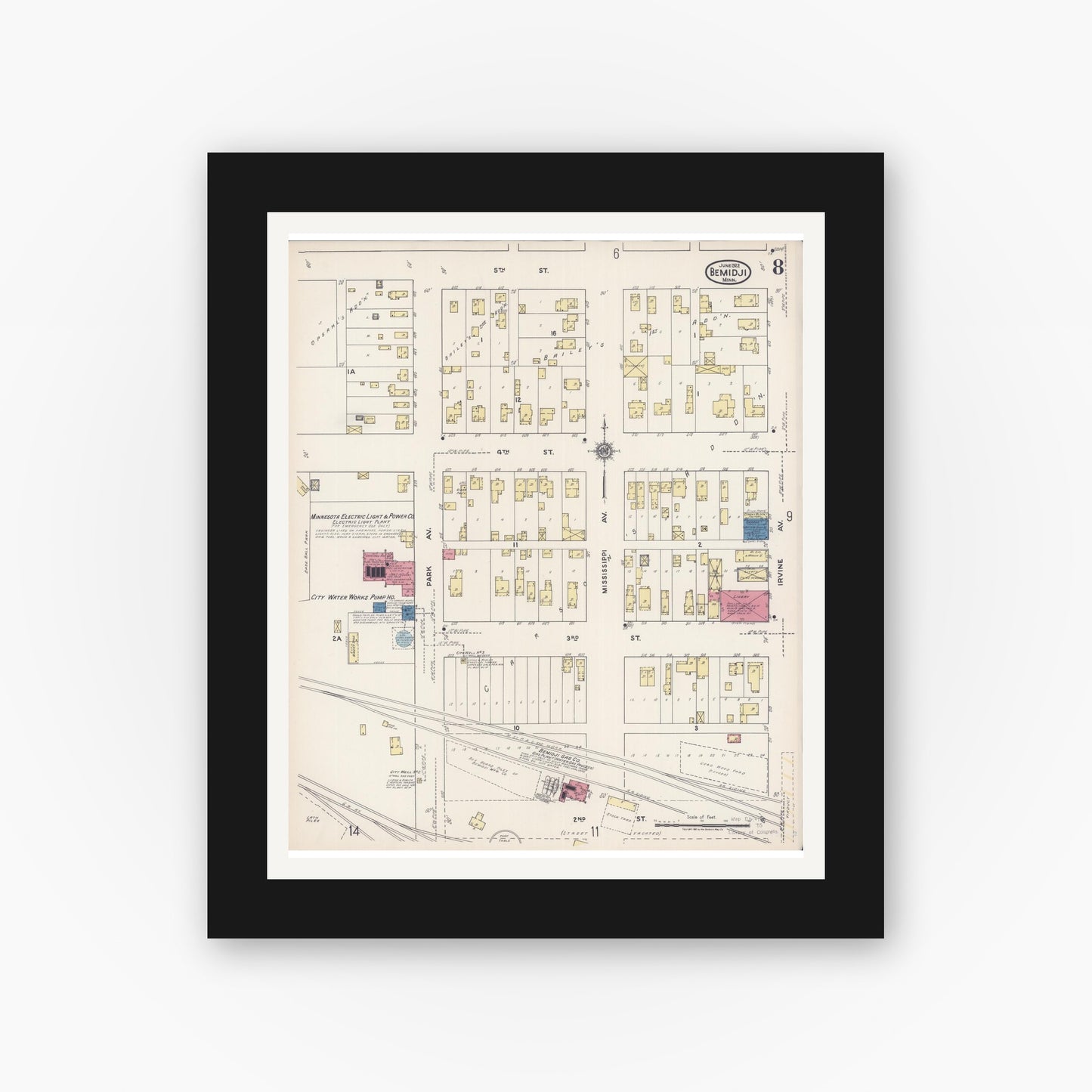 Old map wall art mockup — black gallery frame with white mat — Sanborn Fire Insurance Map from Bemidji, Beltrami County, Minnesota (1922), Sheet #0008