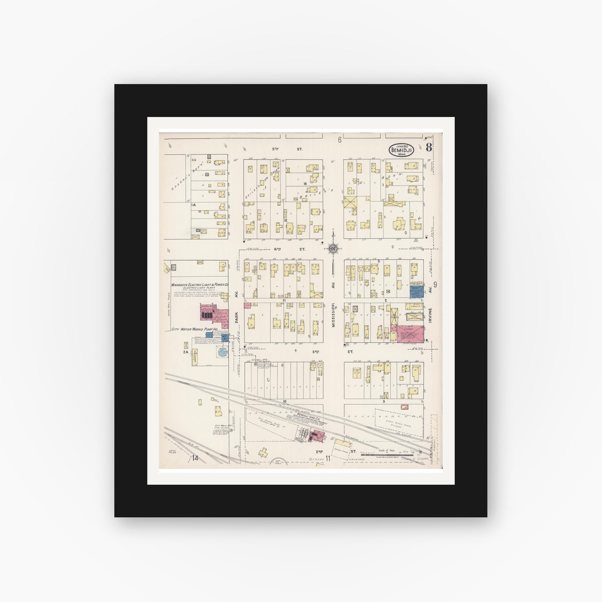 Old map wall art mockup — black gallery frame with white mat — Sanborn Fire Insurance Map from Bemidji, Beltrami County, Minnesota (1922), Sheet #0008