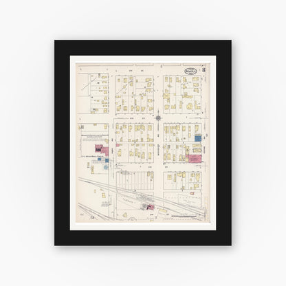 Old map wall art mockup — black gallery frame with white mat — Sanborn Fire Insurance Map from Bemidji, Beltrami County, Minnesota (1922), Sheet #0008