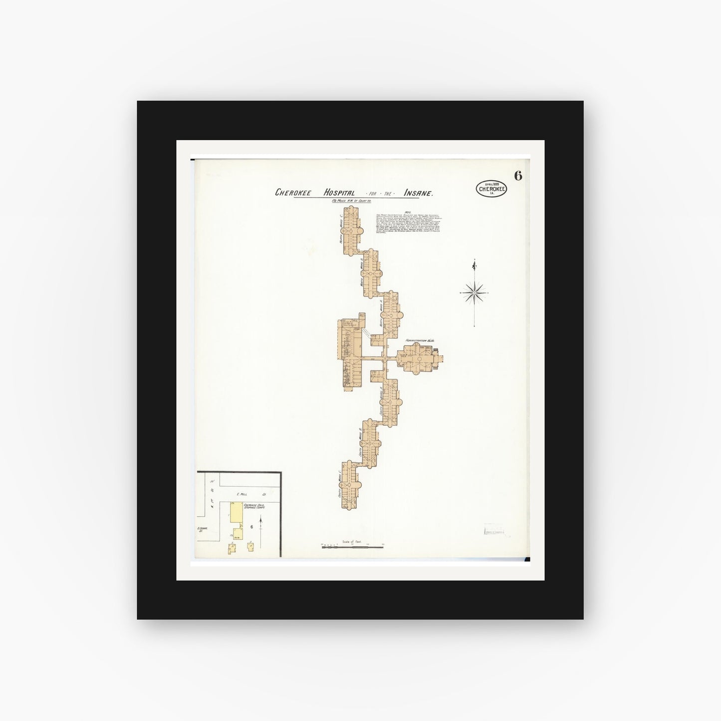 Old map wall art mockup — black gallery frame with white mat — Sanborn Fire Insurance Map from Cherokee, Cherokee County, Iowa (1899), Sheet #0006