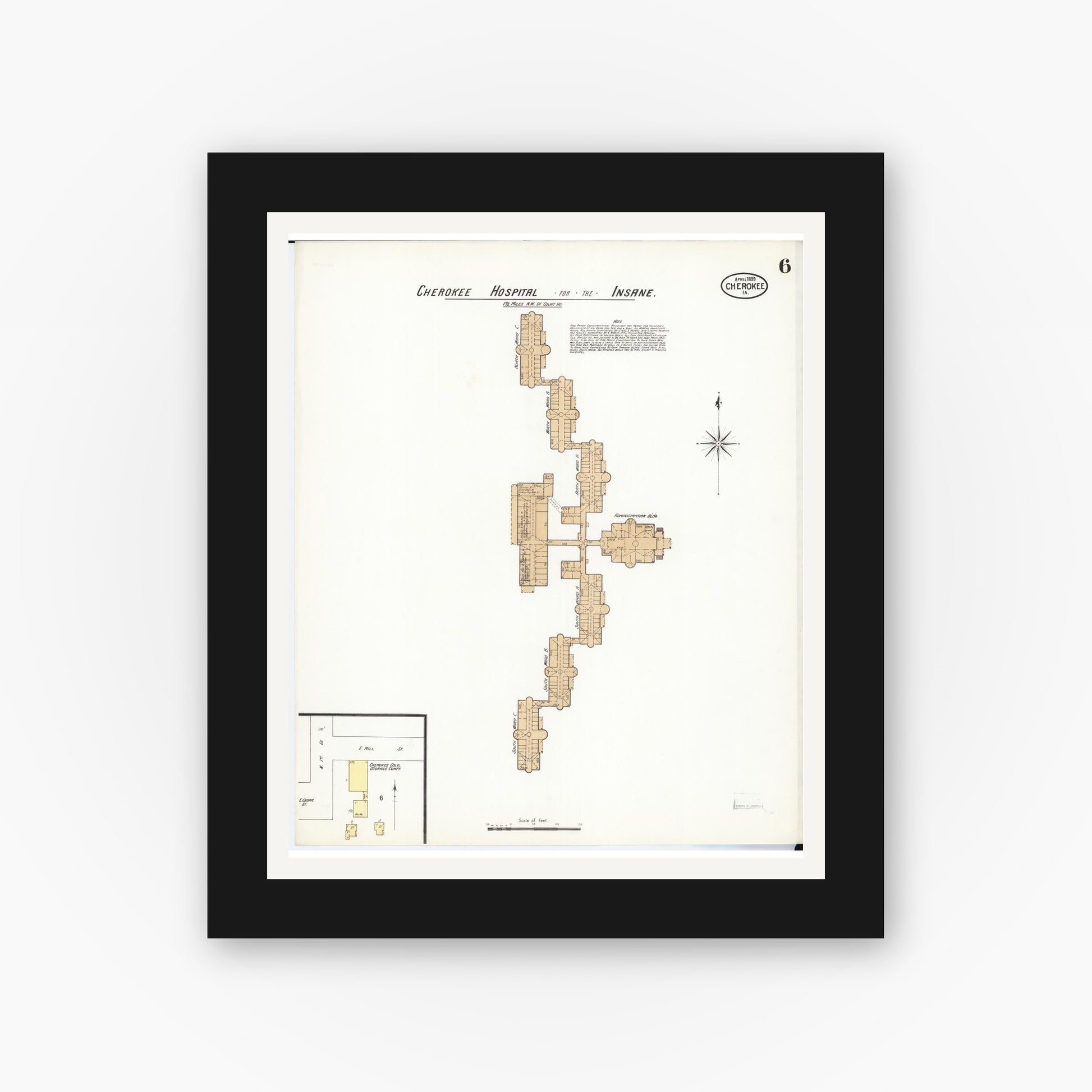 Old map wall art mockup — black gallery frame with white mat — Sanborn Fire Insurance Map from Cherokee, Cherokee County, Iowa (1899), Sheet #0006