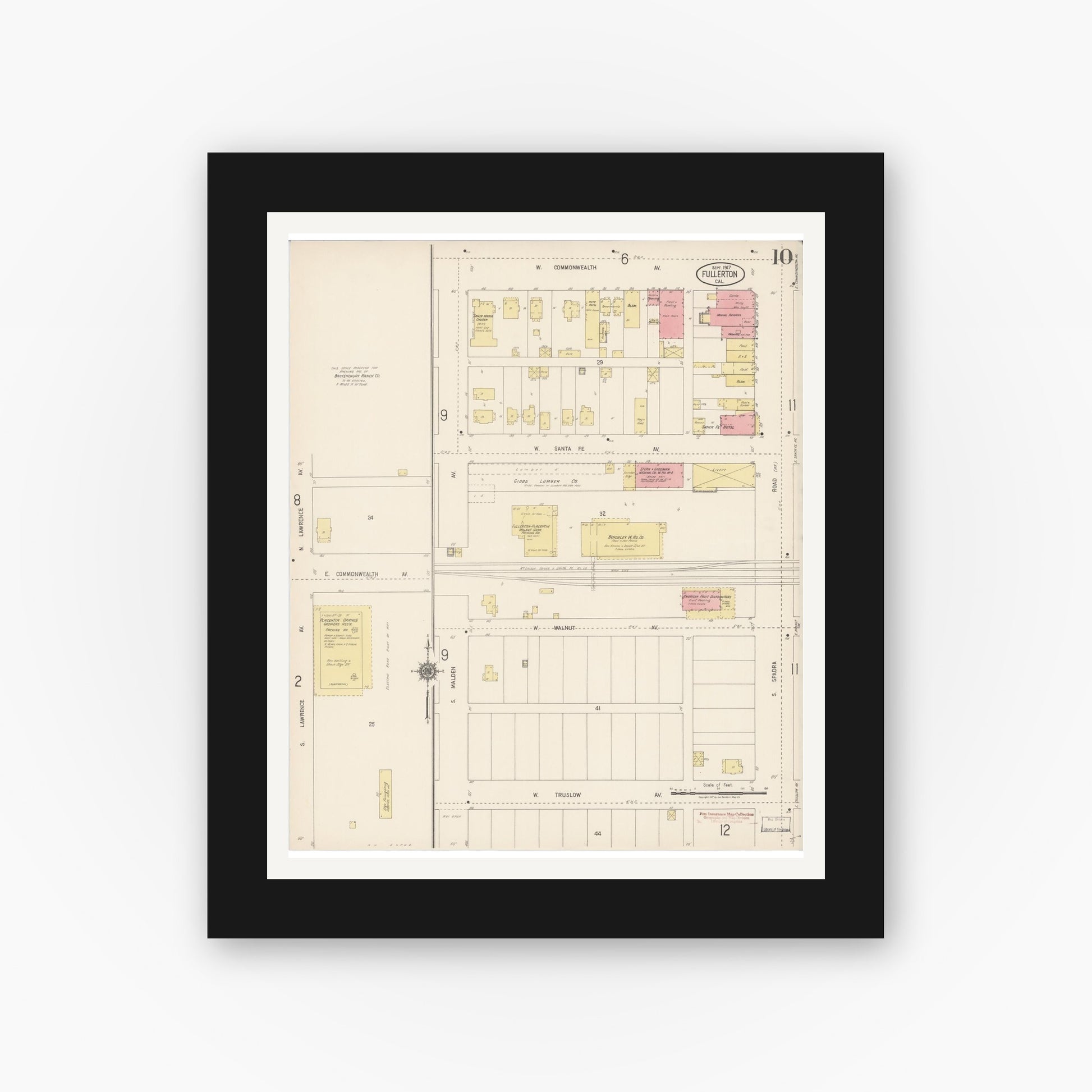 Old map wall art mockup — black gallery frame with white mat — Sanborn Fire Insurance Map from Fullerton, Orange County, California (1917), Sheet #0010