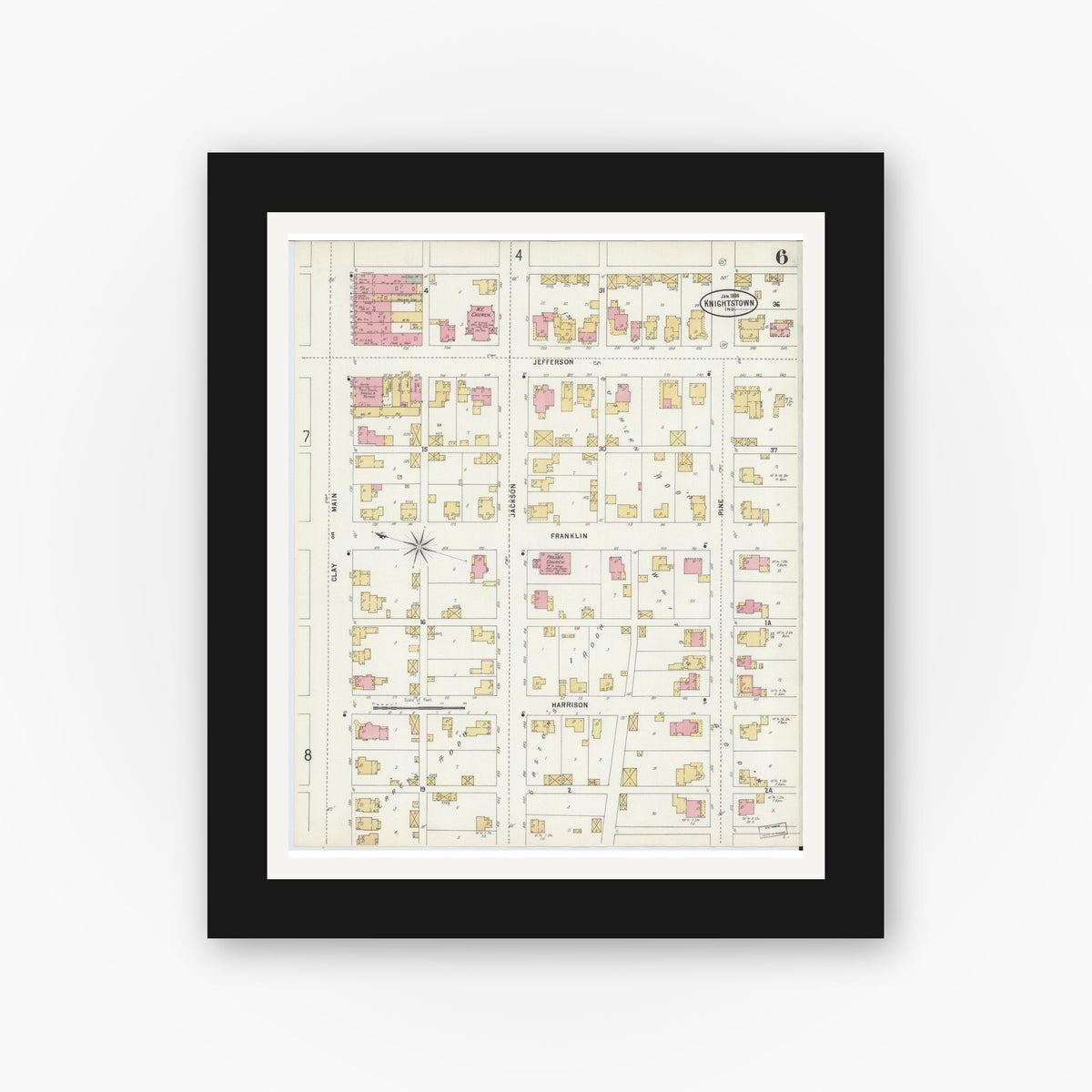 Old map wall art mockup — black gallery frame with white mat — Sanborn Fire Insurance Map from Knightstown, Henry County, Indiana (1898), Sheet #0006