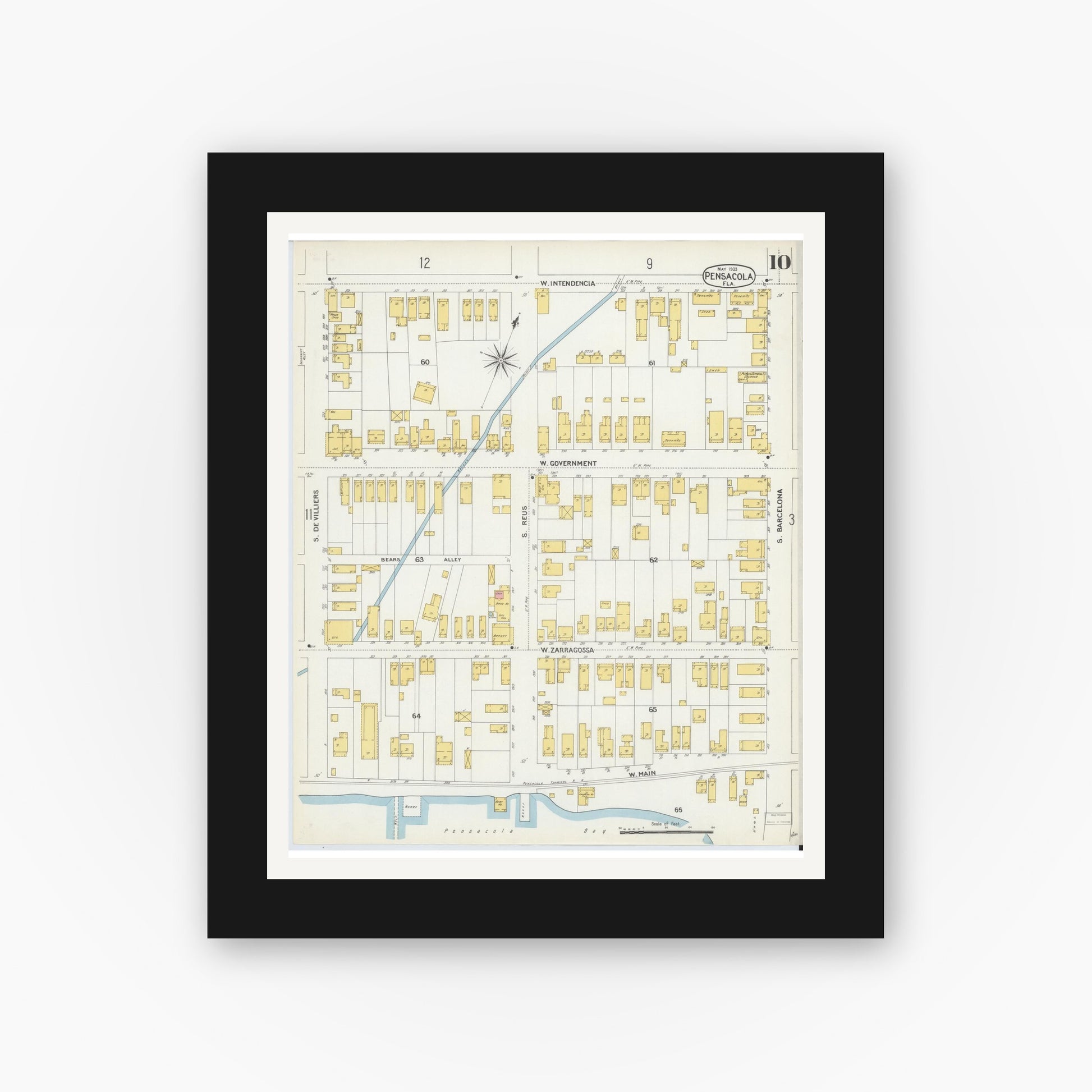 Old map wall art mockup — black gallery frame with white mat — Sanborn Fire Insurance Map from Pensacola, Escambia County, Florida (1903), Sheet #0010