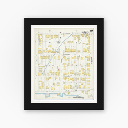 Old map wall art mockup — black gallery frame with white mat — Sanborn Fire Insurance Map from Pensacola, Escambia County, Florida (1903), Sheet #0010
