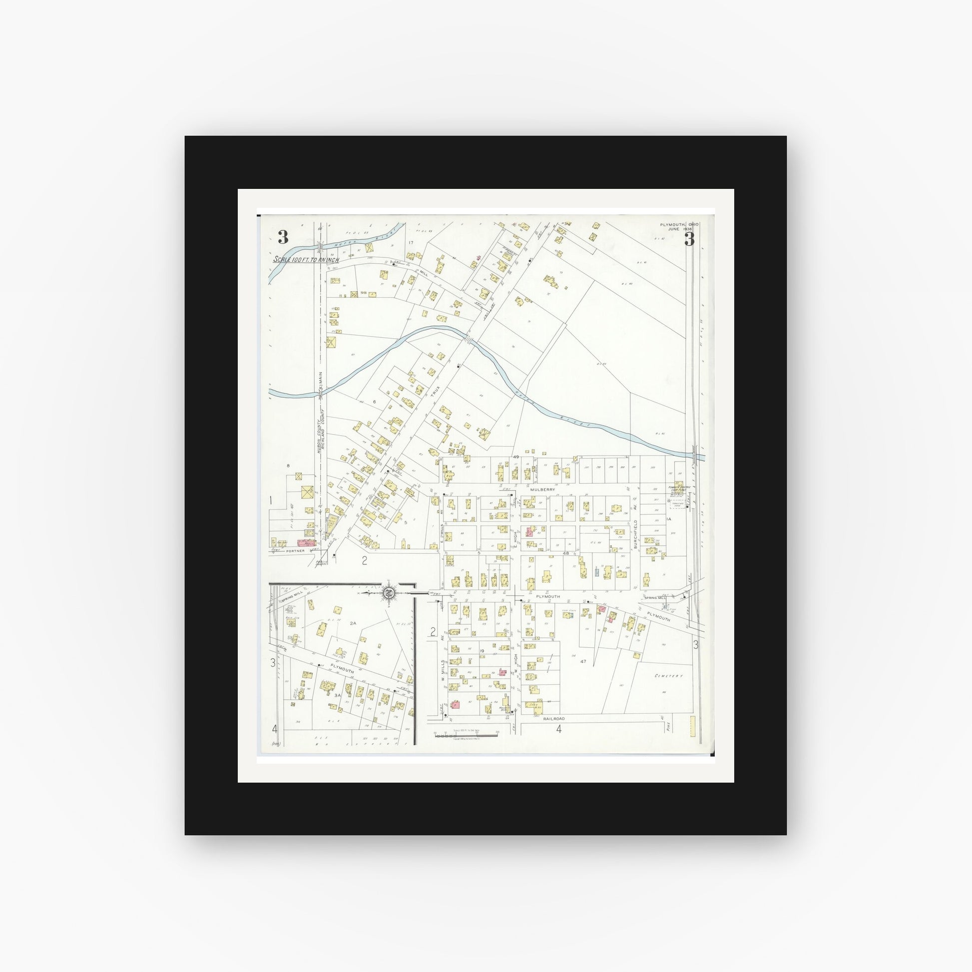 Old map wall art mockup — black gallery frame with white mat — Sanborn Fire Insurance Map from Plymouth, Huron And Richland Counties, Ohio (1938), Sheet #0003