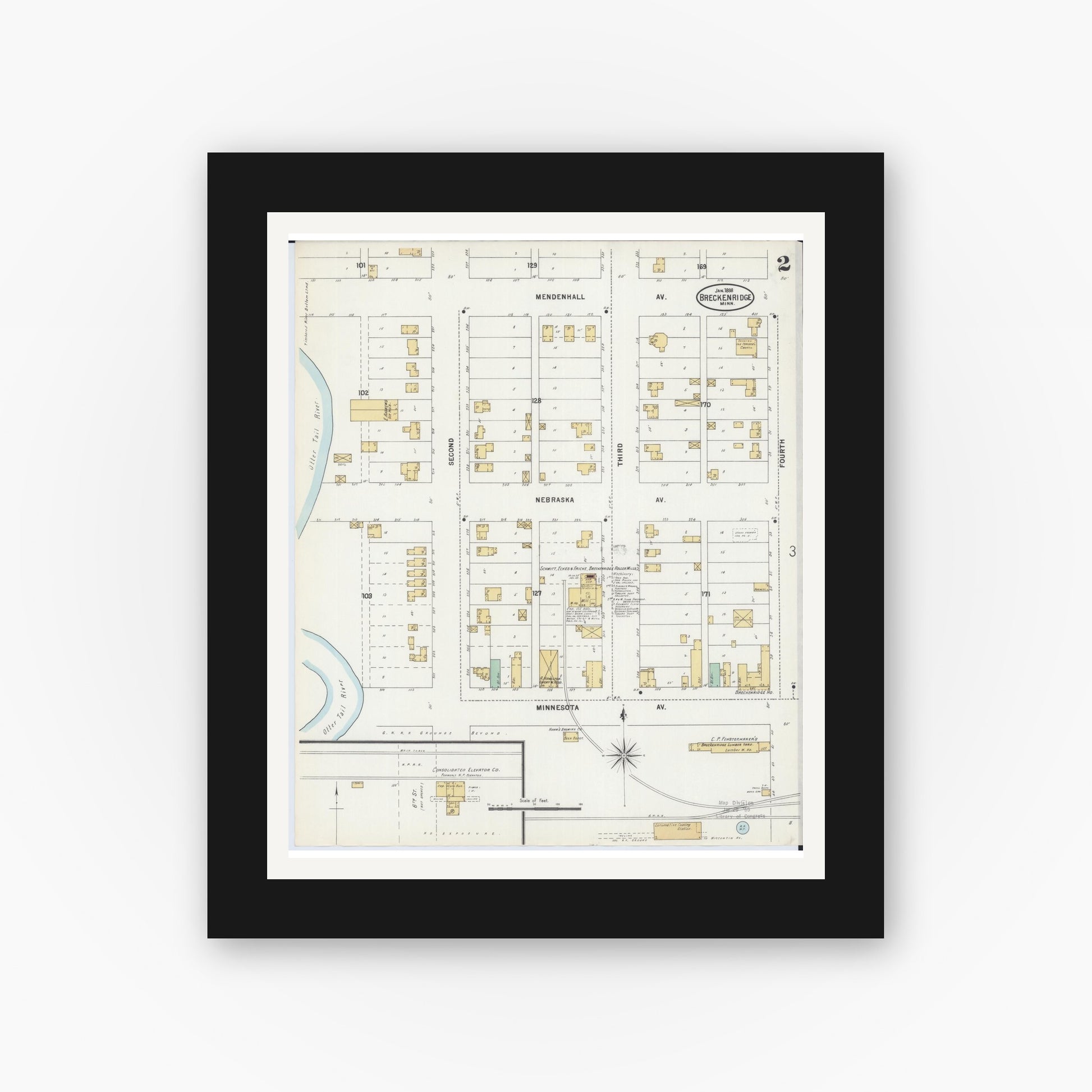 Old map wall art mockup — black gallery frame with white mat — Sanborn Fire Insurance Map from Breckenridge, Wilkin County, Minnesota (1898), Sheet #0002