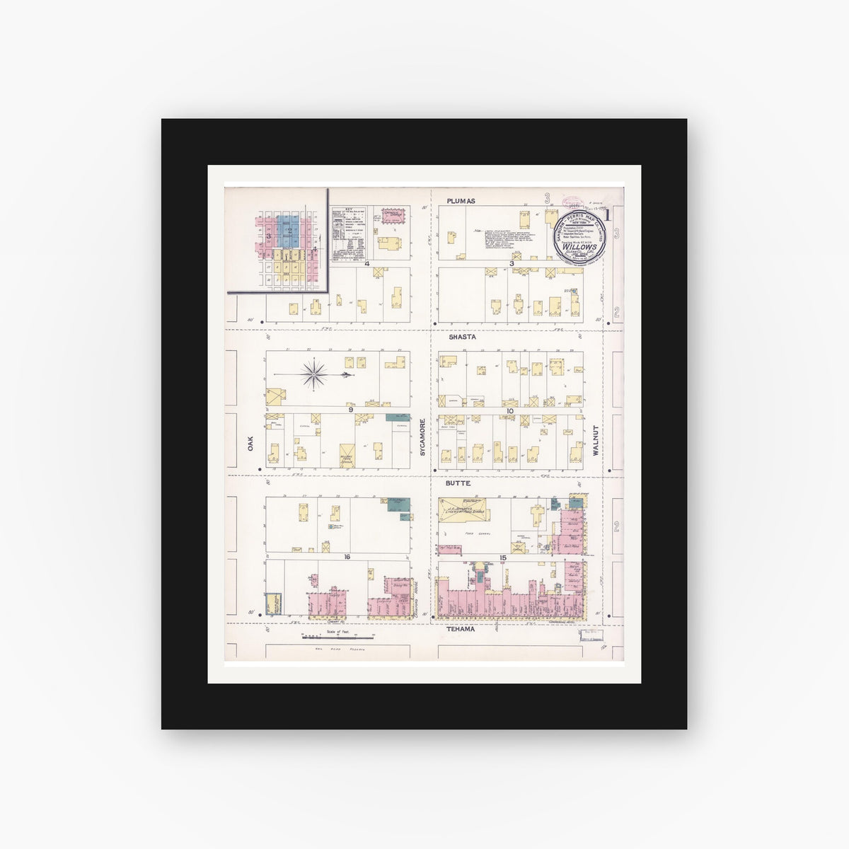 Old map wall art mockup — black gallery frame with white mat — Sanborn Fire Insurance Map from Willows, Glenn County, California (1894) - Complete Map Set