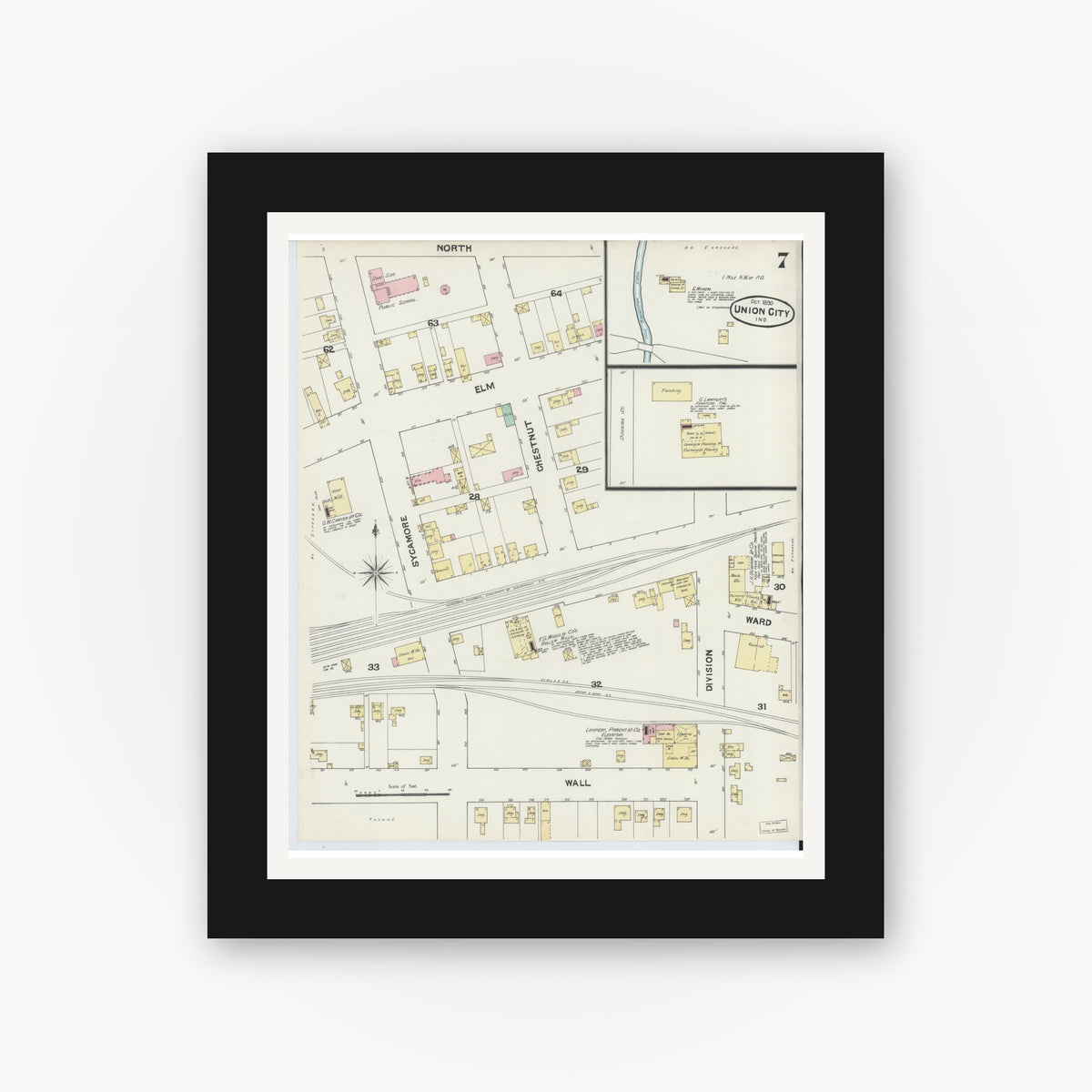 Old map wall art mockup — black gallery frame with white mat — Sanborn Fire Insurance Map from Union City, Randolph County, Indiana (1890), Sheet #0007