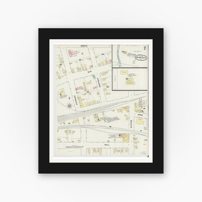 Old map wall art mockup — black gallery frame with white mat — Sanborn Fire Insurance Map from Union City, Randolph County, Indiana (1890), Sheet #0007
