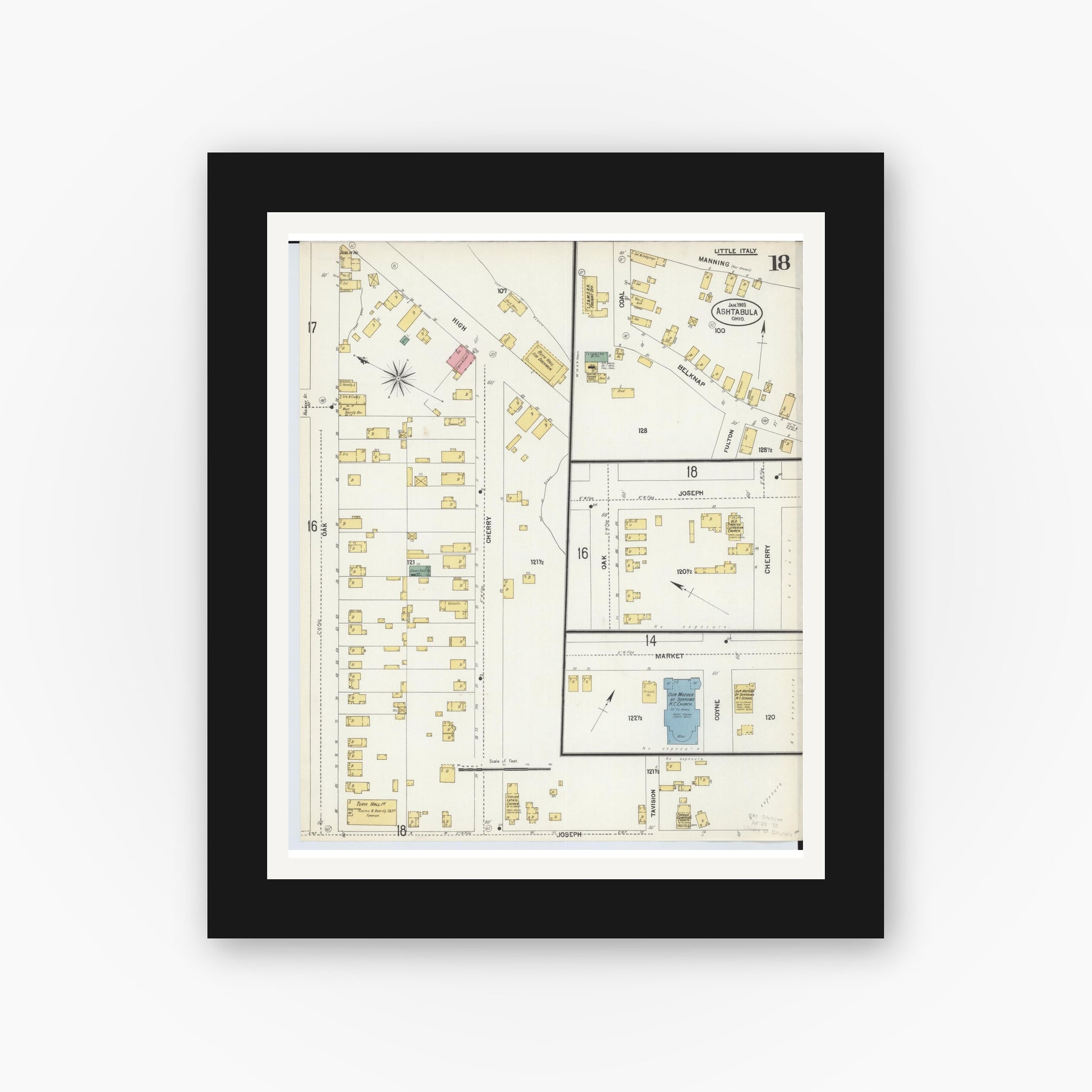 Old map wall art mockup — black gallery frame with white mat — Sanborn Fire Insurance Map from Ashtabula, Ashtabula County, Ohio (1903), Sheet #0018