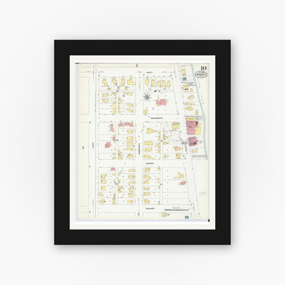 Old map wall art mockup — black gallery frame with white mat — Sanborn Fire Insurance Map from Monroe, Monroe County, Michigan (1908), Sheet #0010