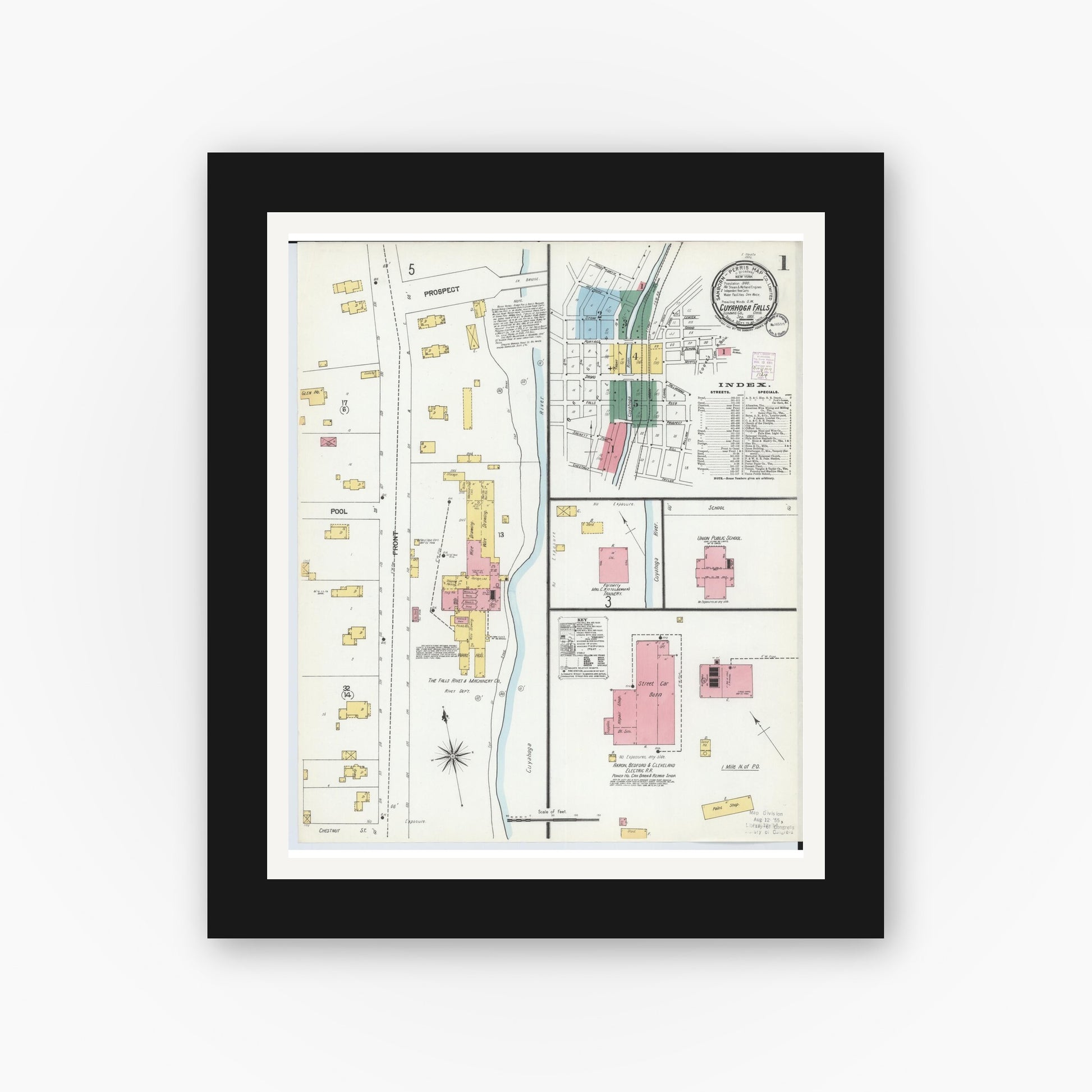 Old map wall art mockup — black gallery frame with white mat — Sanborn Fire Insurance Map from Cuyahoga Falls, Summit County, Ohio (1901), Sheet #0001