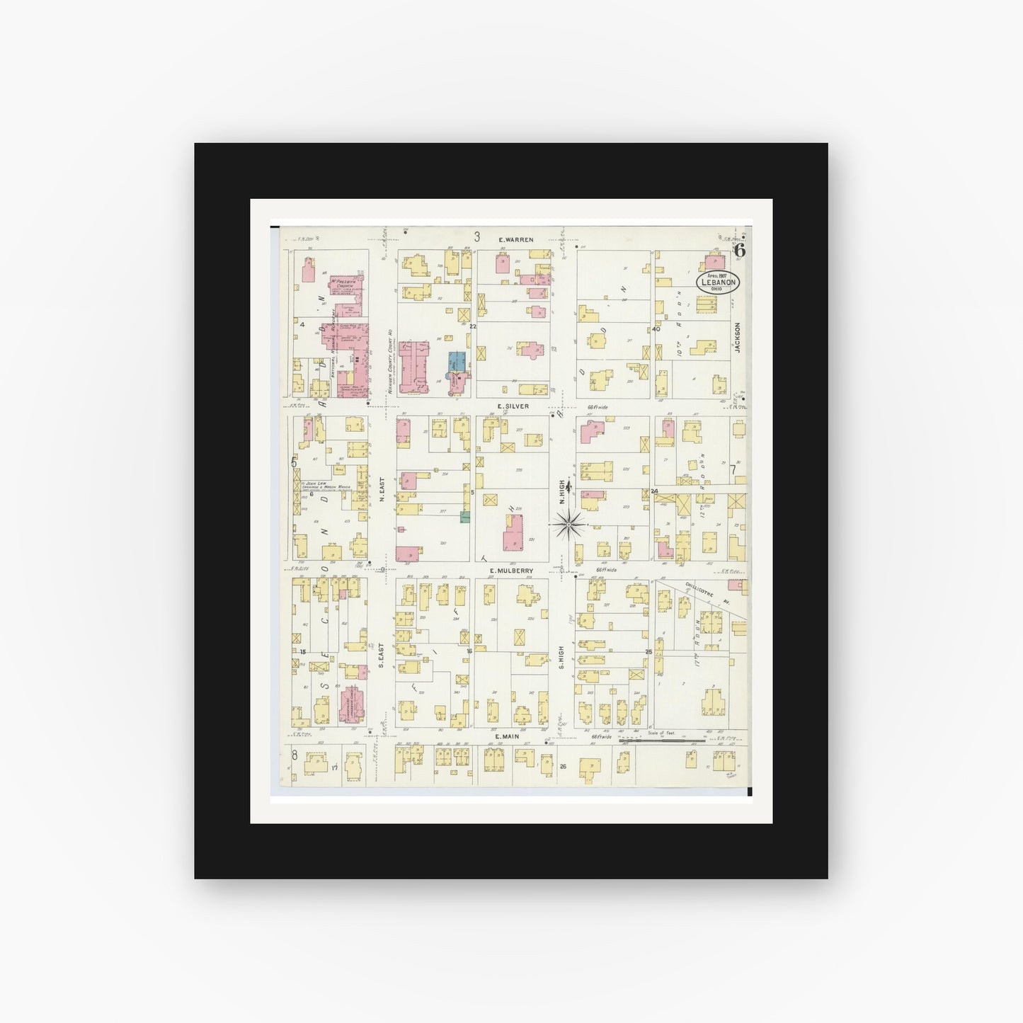 Old map wall art mockup — black gallery frame with white mat — Sanborn Fire Insurance Map from Lebanon, Warren County, Ohio (1907), Sheet #0006