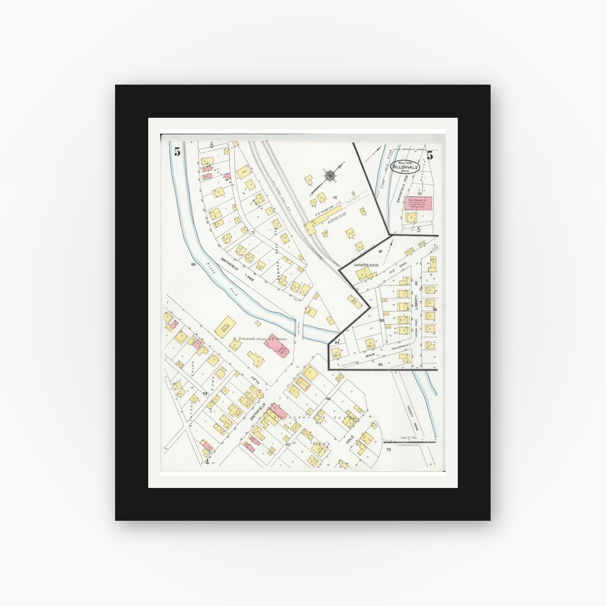 Old map wall art mockup — black gallery frame with white mat — Sanborn Fire Insurance Map from Dillonvale, Jefferson County, Ohio (1924), Sheet #0005