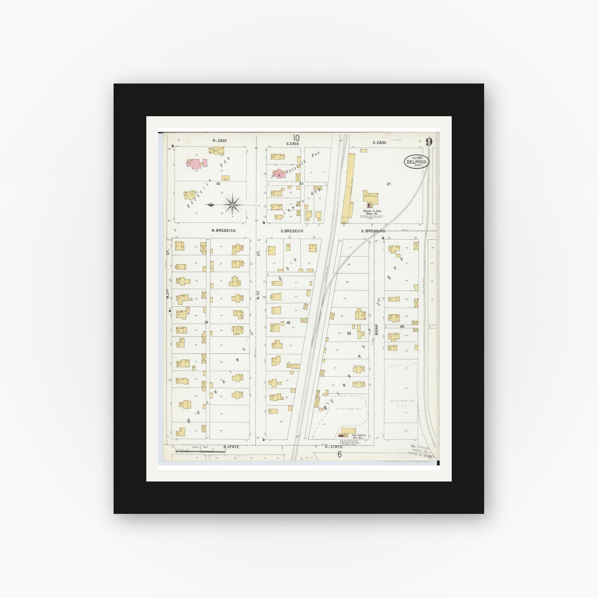 Old map wall art mockup — black gallery frame with white mat — Sanborn Fire Insurance Map from Delphos, Van Wert And Allen Counties, Ohio (1899), Sheet #0009
