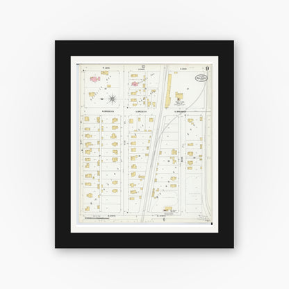 Old map wall art mockup — black gallery frame with white mat — Sanborn Fire Insurance Map from Delphos, Van Wert And Allen Counties, Ohio (1899), Sheet #0009