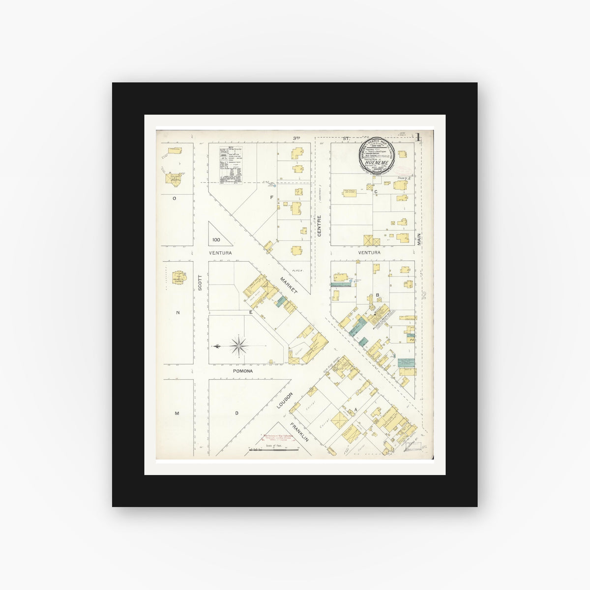 Old map wall art mockup — black gallery frame with white mat — Sanborn Fire Insurance Map from Hueneme, Ventura County, California (1892) - Complete Map Set