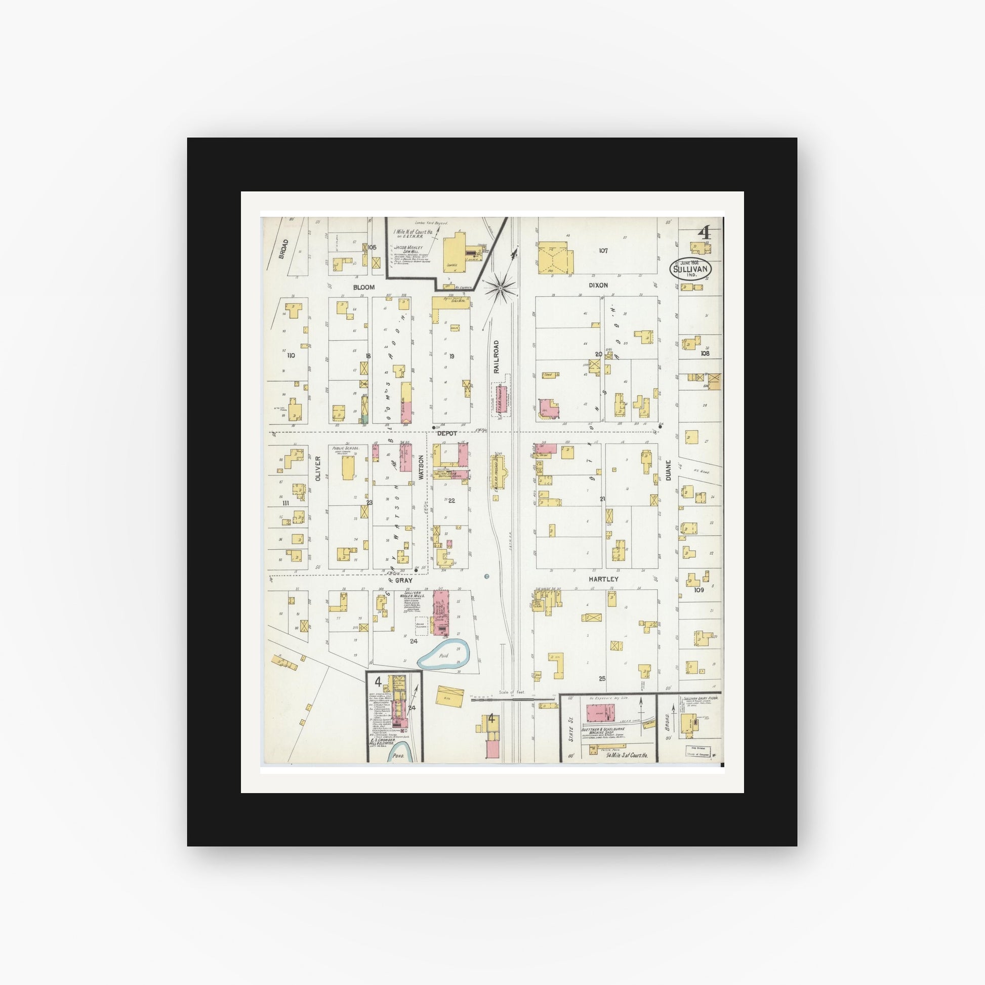 Old map wall art mockup — black gallery frame with white mat — Sanborn Fire Insurance Map from Sullivan, Sullivan County, Indiana (1902), Sheet #0004