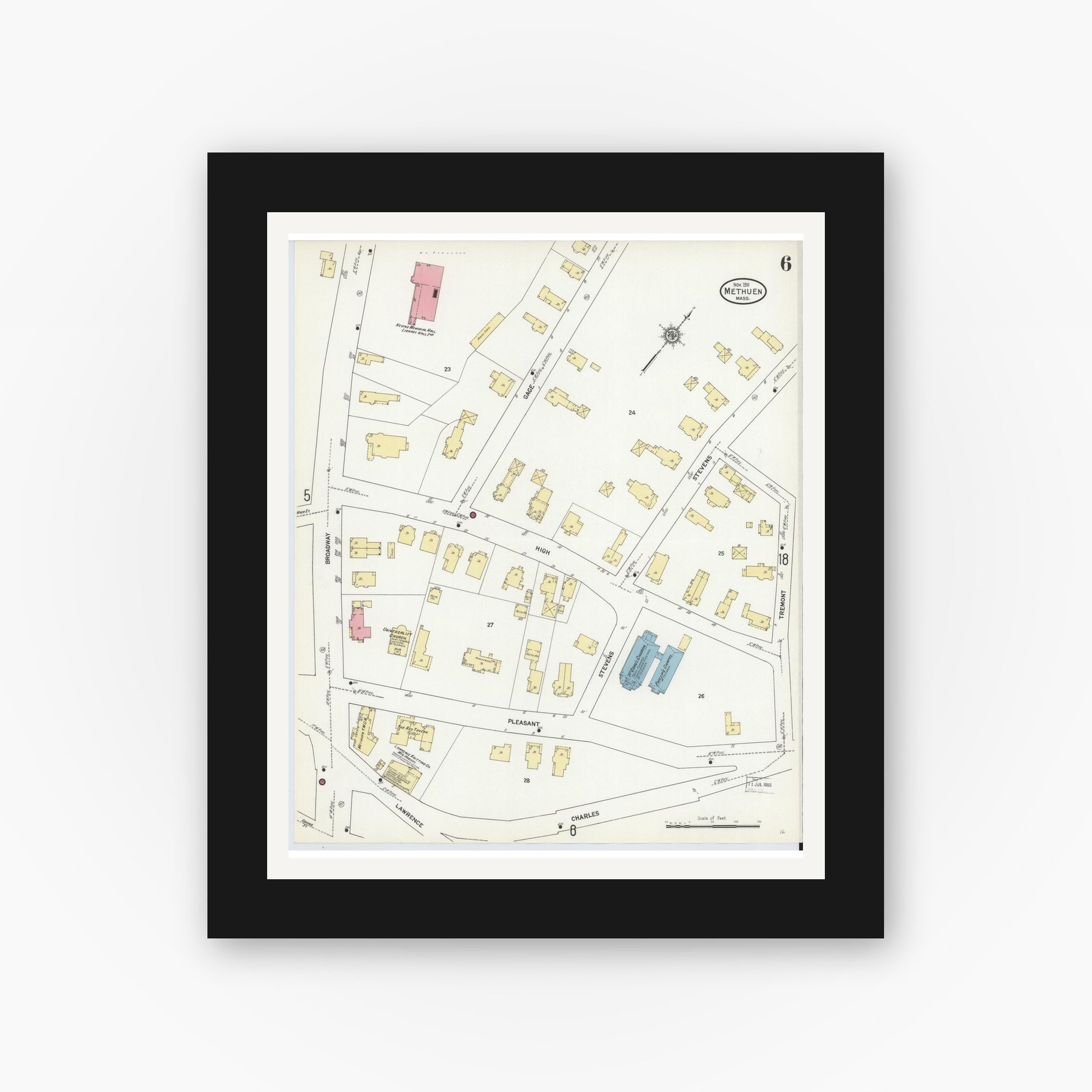 Old map wall art mockup — black gallery frame with white mat — Sanborn Fire Insurance Map from Methuen, Essex County, Massachusetts (1911), Sheet #0006