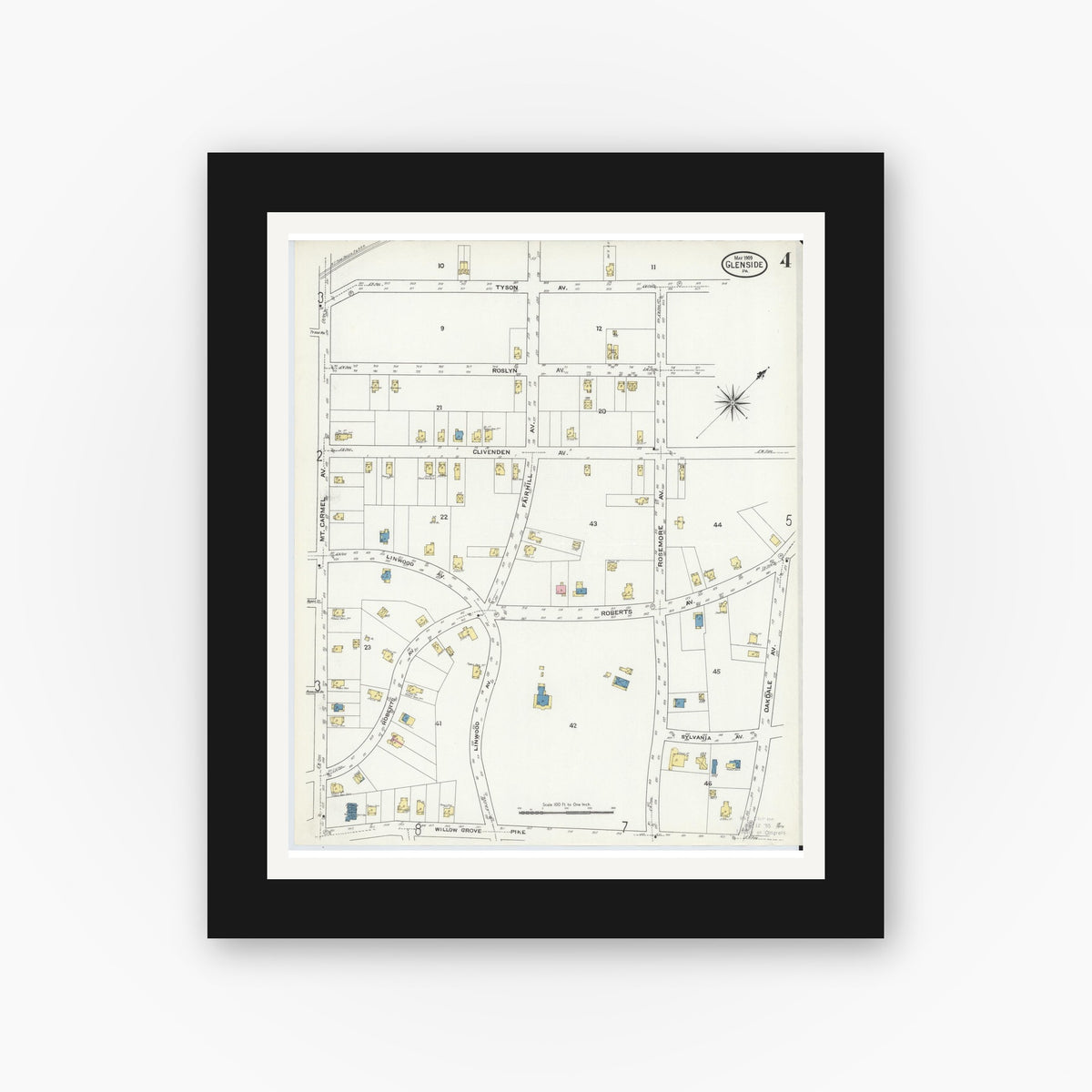 Old map wall art mockup — black gallery frame with white mat — Sanborn Fire Insurance Map from Glenside, Montgomery County, Pennsylvania (1909), Sheet #0004
