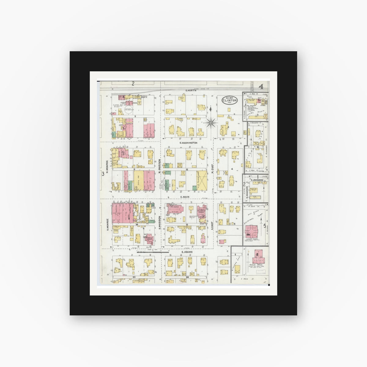 Old map wall art mockup — black gallery frame with white mat — Sanborn Fire Insurance Map from Clinton, De Witt County, Illinois (1904), Sheet #0004