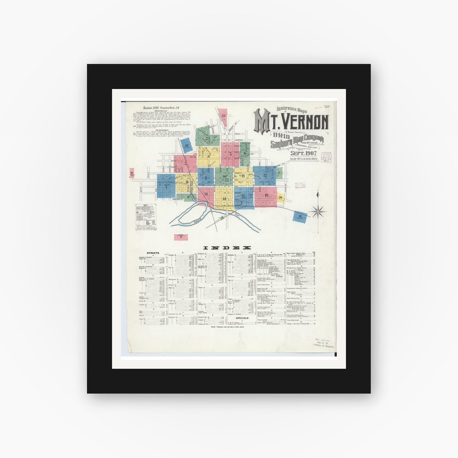 Old map wall art mockup — black gallery frame with white mat — Sanborn Fire Insurance Map from Mount Vernon, Knox County, Ohio (1907) - Complete Map Set