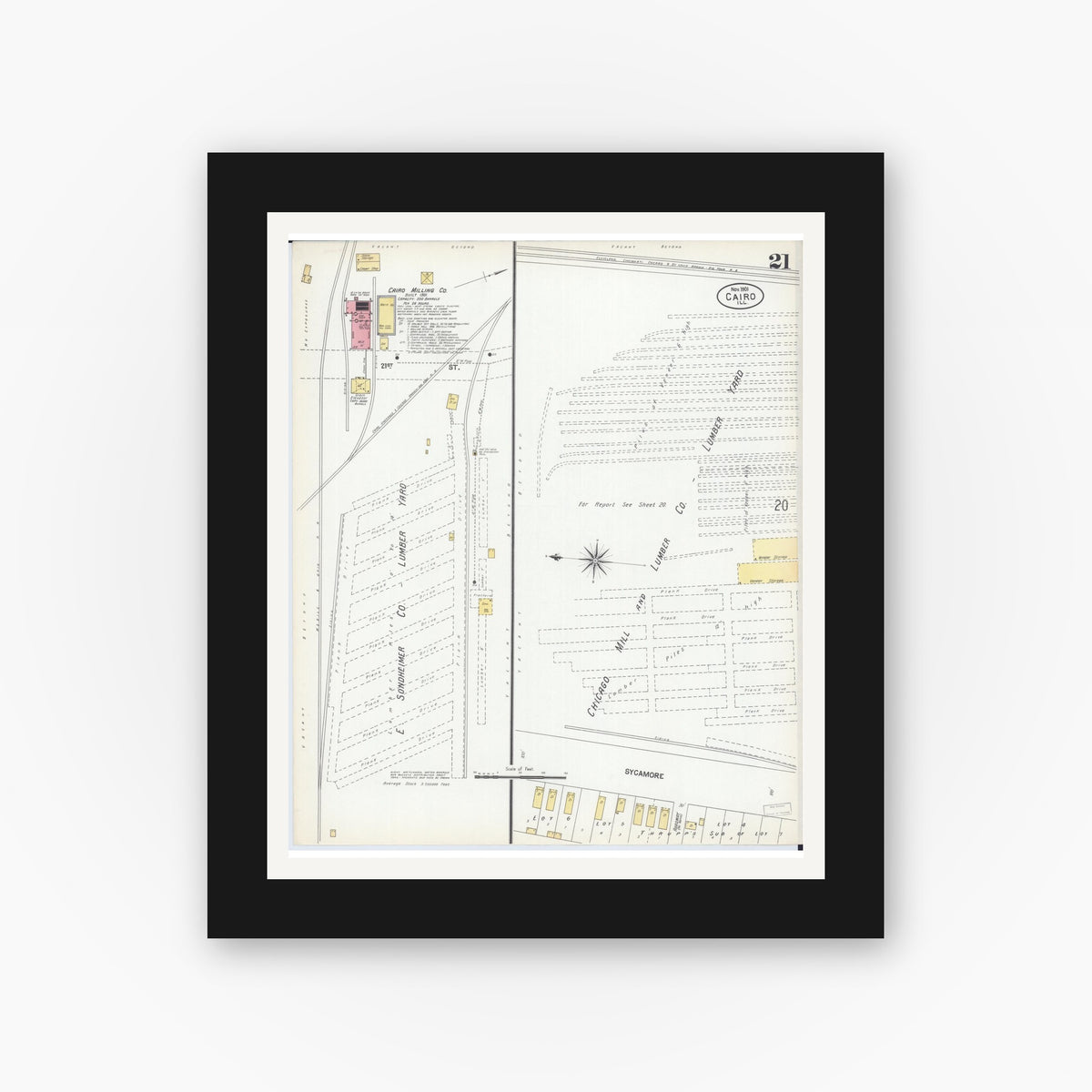 Old map wall art mockup — black gallery frame with white mat — Sanborn Fire Insurance Map from Cairo, Alexander County, Illinois (1901), Sheet #0021