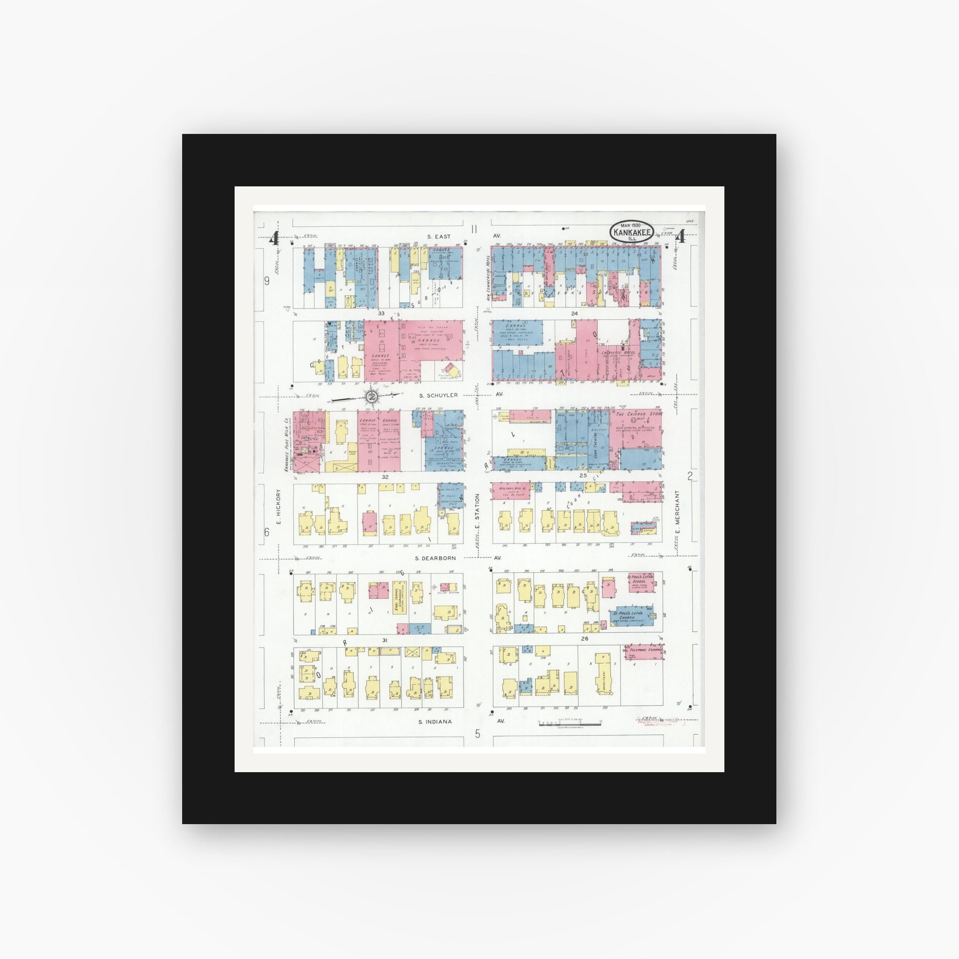 Old map wall art mockup — black gallery frame with white mat — Sanborn Fire Insurance Map from Kankakee, Kankakee County, Illinois (1930), Sheet #0004