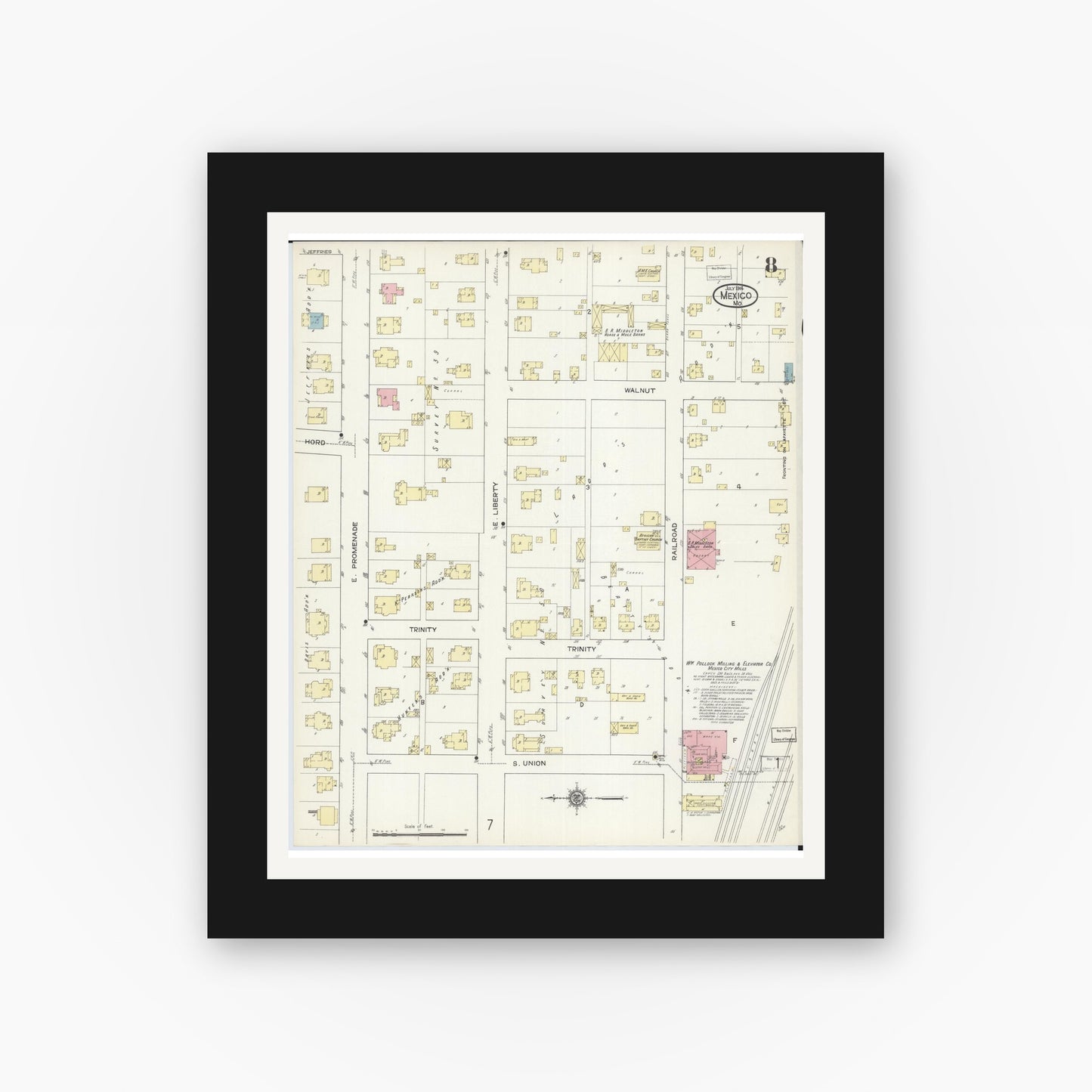 Old map wall art mockup — black gallery frame with white mat — Sanborn Fire Insurance Map from Mexico, Audrain County, Missouri (1914), Sheet #0008