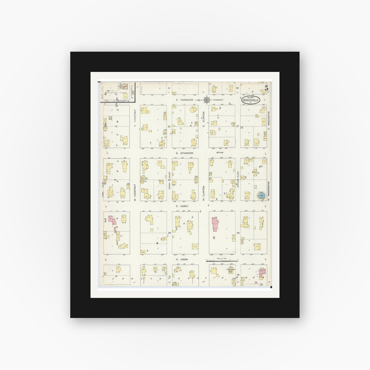 Old map wall art mockup — black gallery frame with white mat — Sanborn Fire Insurance Map from Griggsville, Pike County, Illinois (1913), Sheet #0005