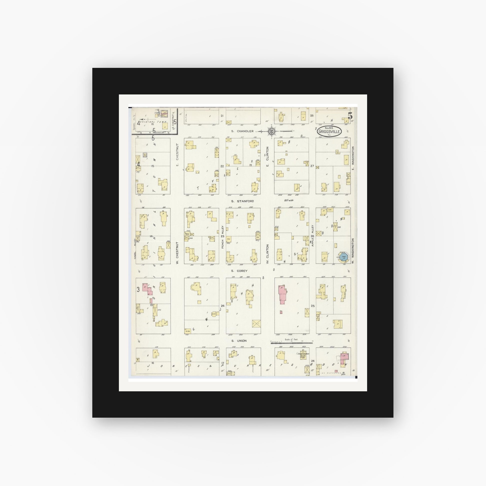 Old map wall art mockup — black gallery frame with white mat — Sanborn Fire Insurance Map from Griggsville, Pike County, Illinois (1913), Sheet #0005