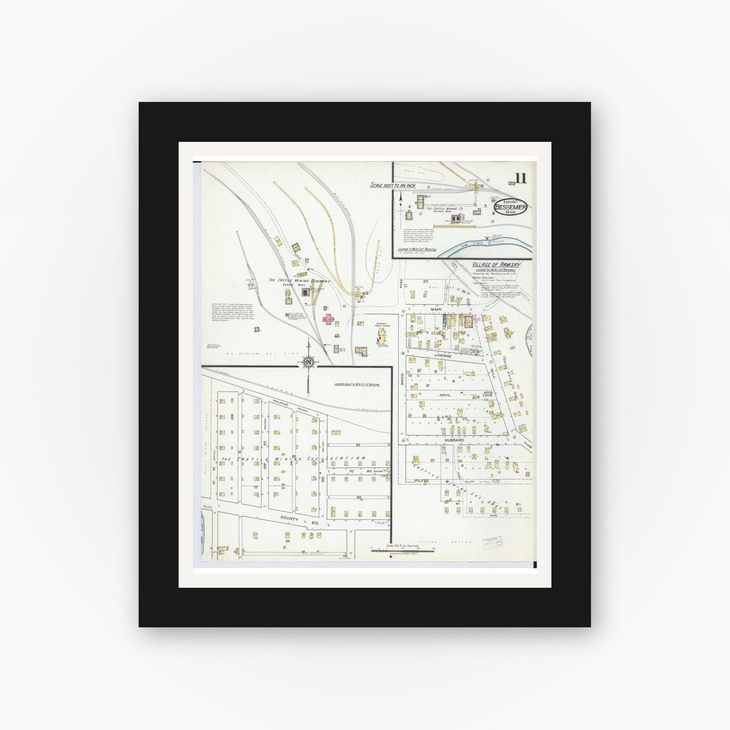 Old map wall art mockup — black gallery frame with white mat — Sanborn Fire Insurance Map from Bessemer, Gogebic County, Michigan (1917), Sheet #0011